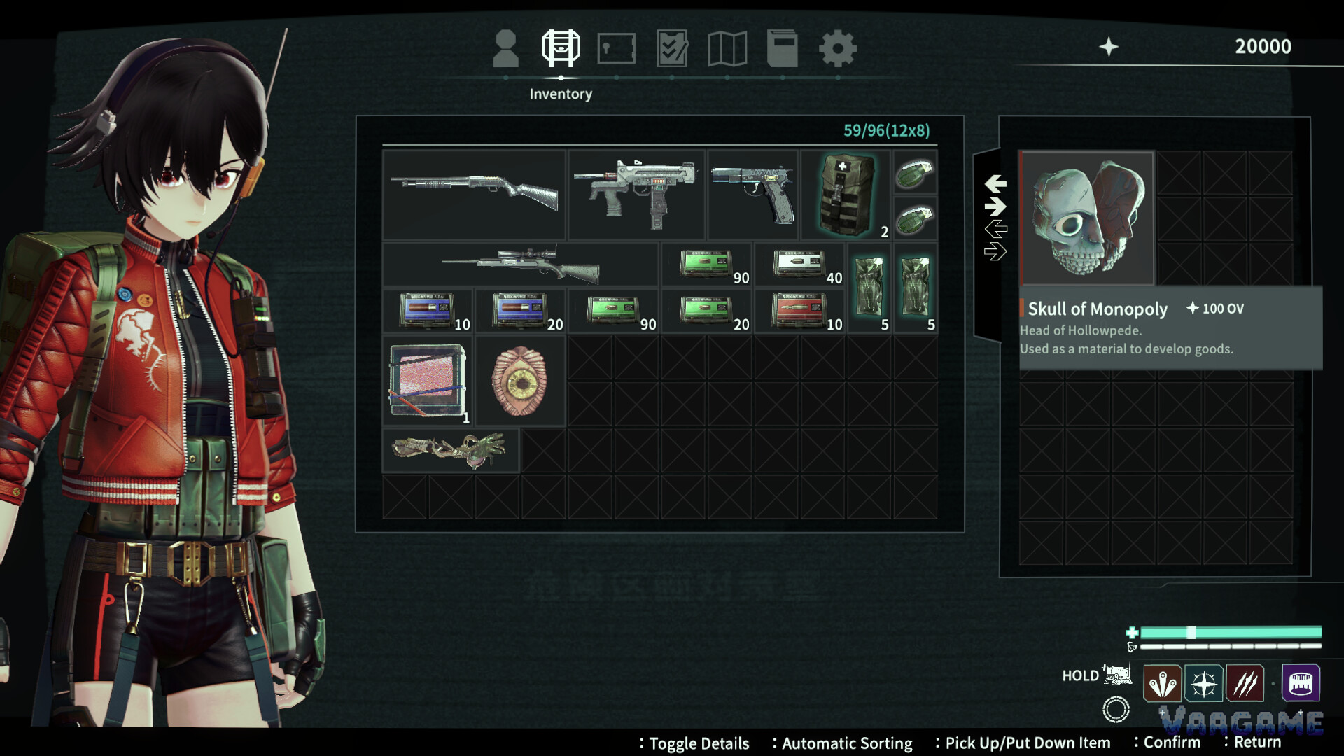 Grid inventory UI 59 of 96 slots with shotgun, SMG, pistol, rifle, ammo counts and materials