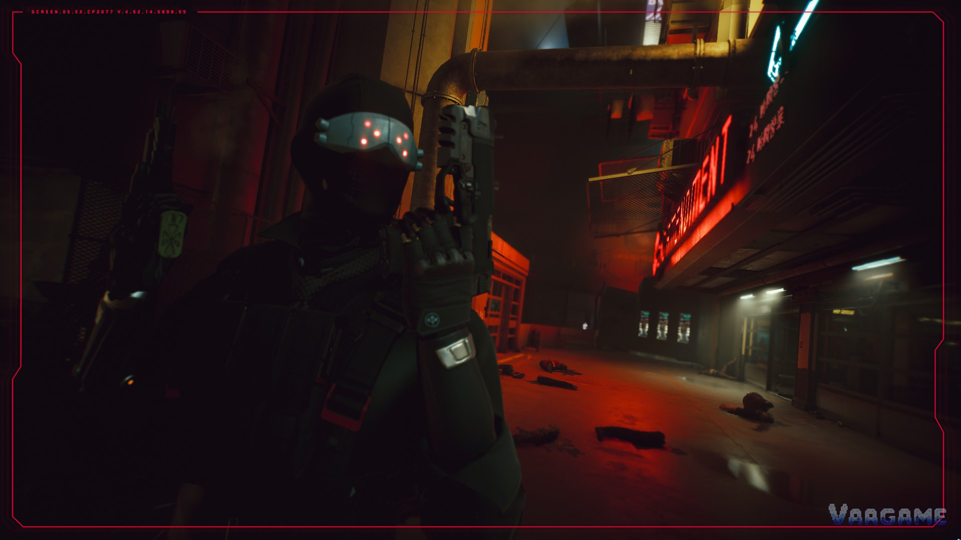 V dual wielding two pistols on a rainy Night City street at night