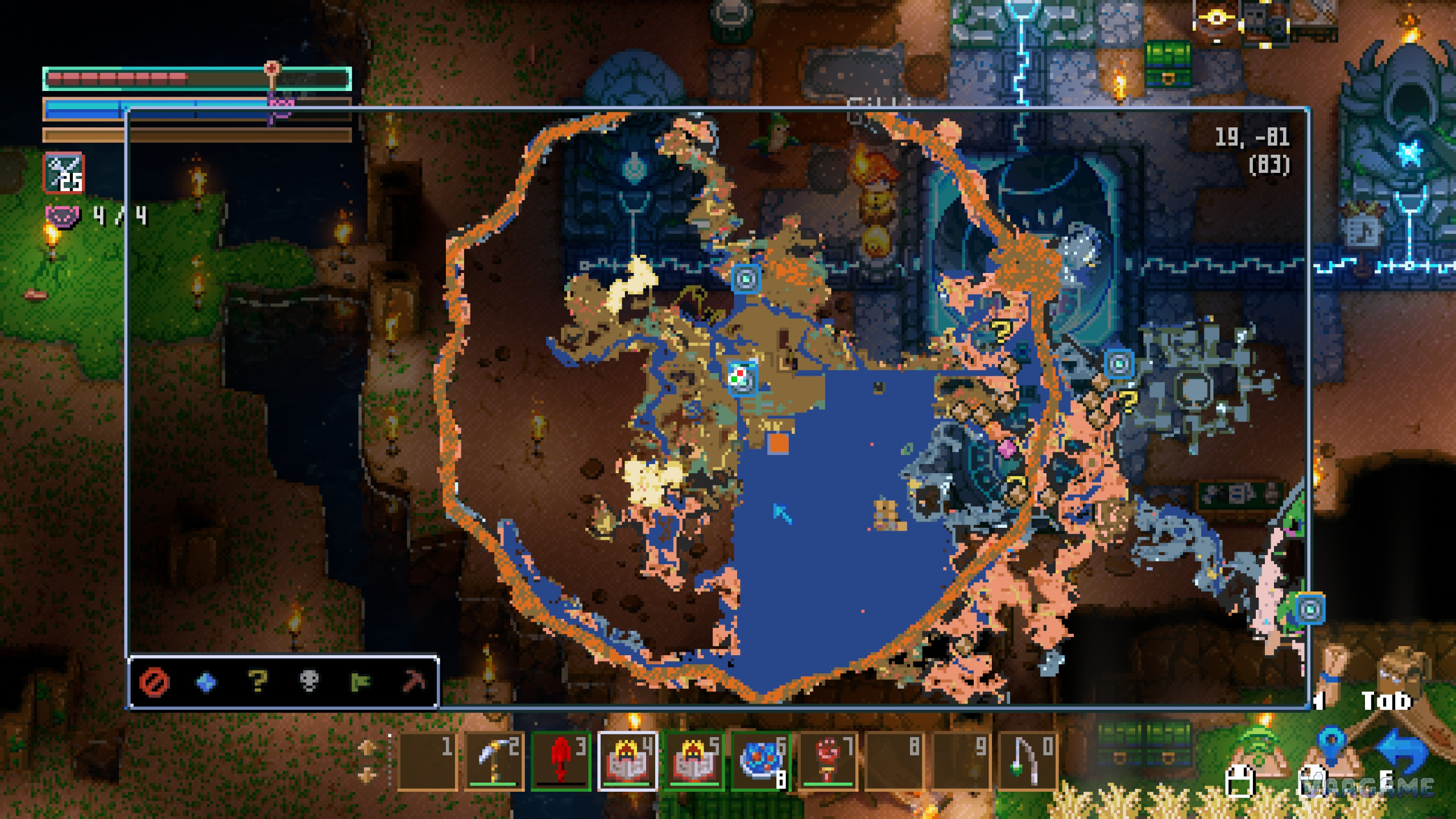 Ghorm's orange circuit ringing the base on the big map, the Sunken Sea opening below