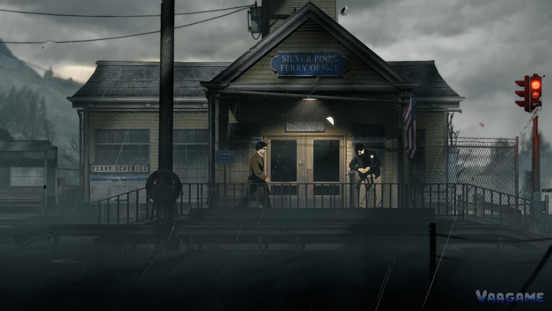 Red Walker talking with the sheriff at the ferry office
