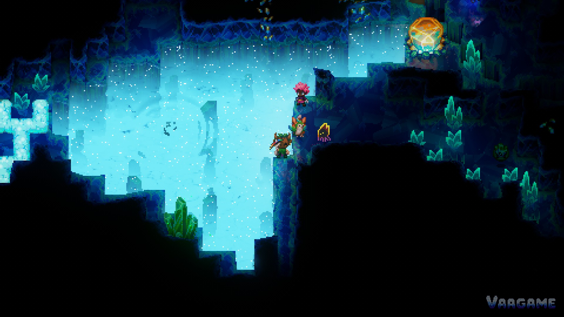 Three explorers and a flame imp on a glowing frontier ice cliff