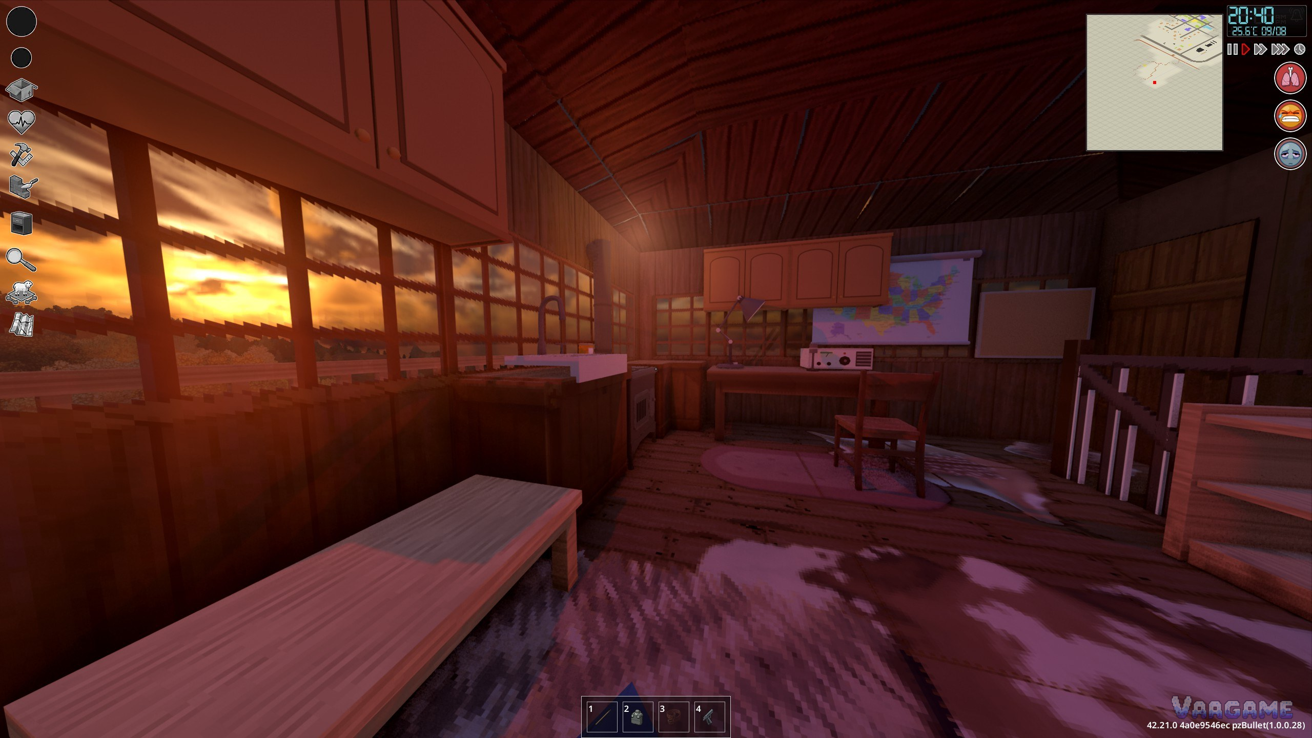 First person inside a wooden cabin base at sunset with light through the windows