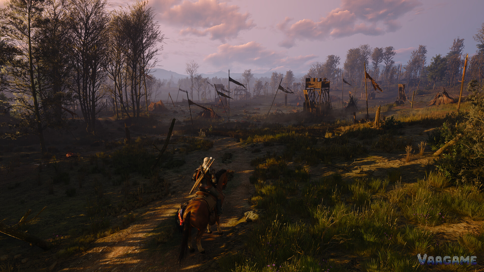 Geralt riding toward a devastated battlefield camp in Velen at dawn