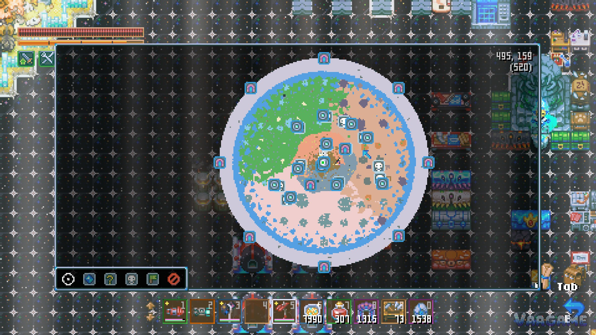 A circular scanned map: the inner world in one ring, portal icons spaced around it