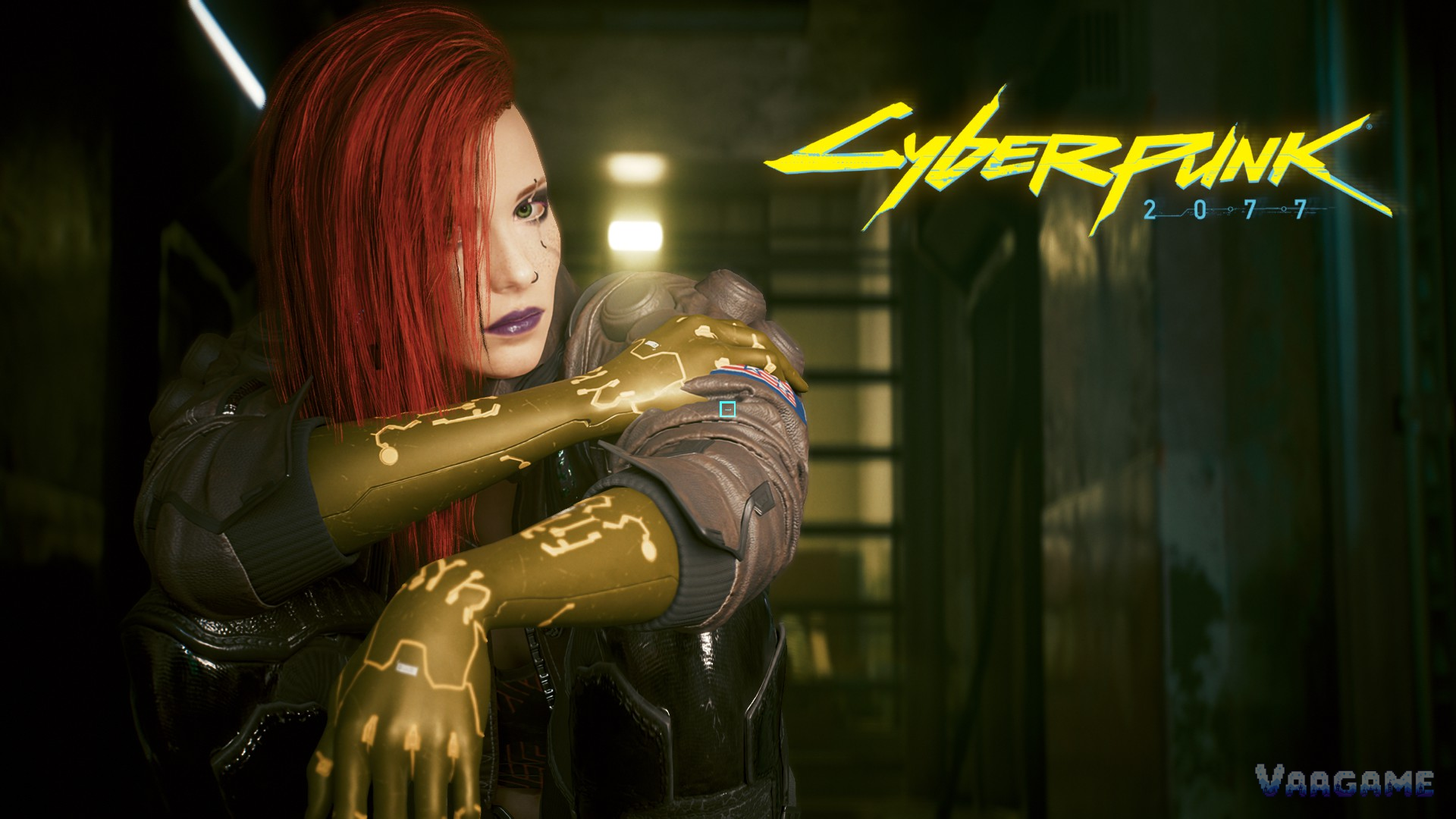 V with gold cyberware arms in a Night City interior with a logo