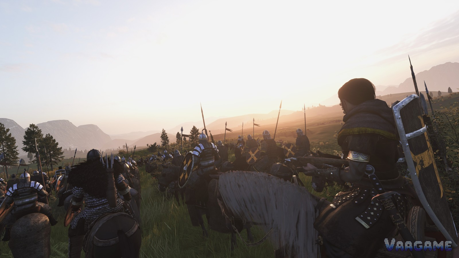 Army on the march at sunset, seen from behind a rider