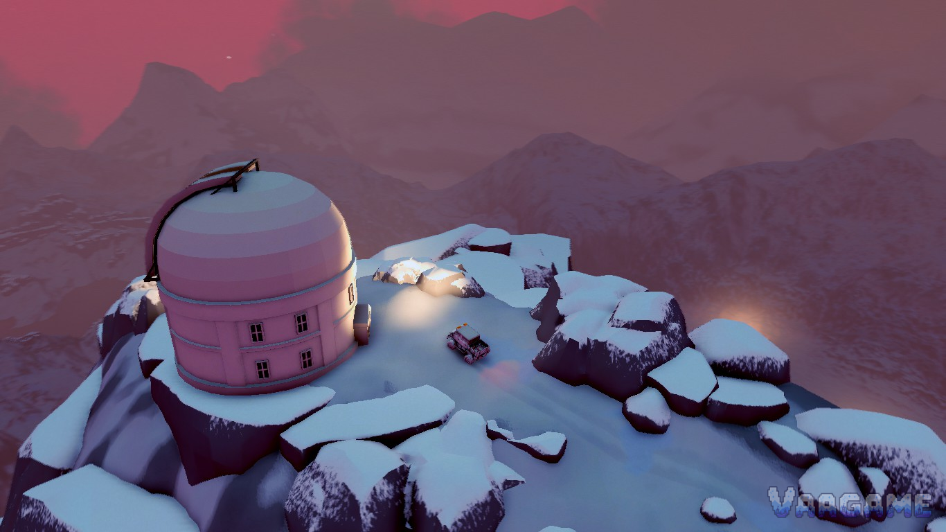 An observatory dome on a snowy summit at dusk, a small wagon parked beside it