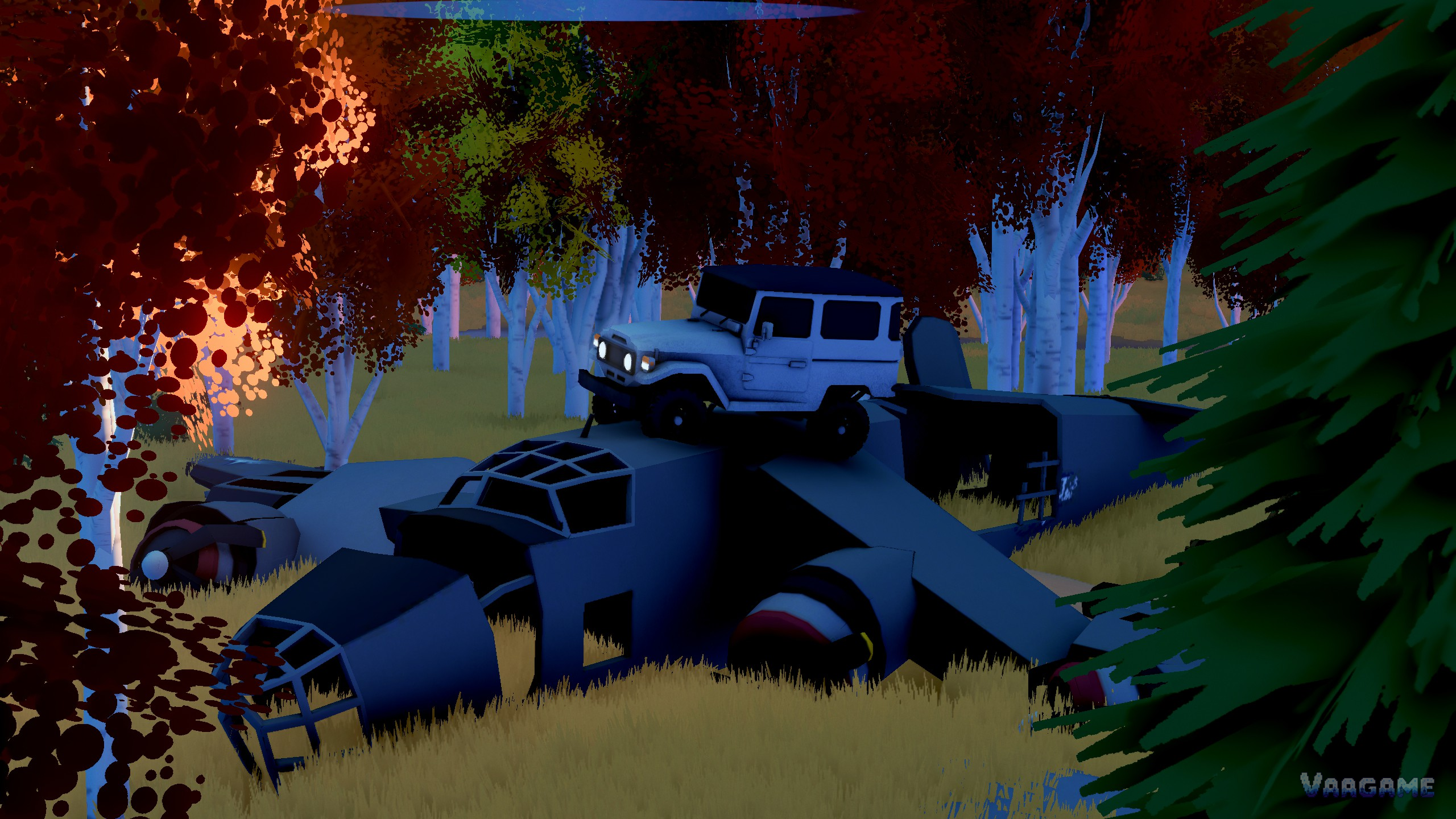 A white wagon parked on top of a crashed plane wreck in an autumn forest