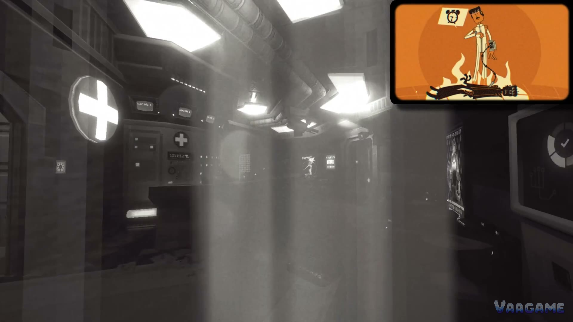 The same station in its other period, drained to black and white. After the jump, revisiting familiar decks in the wrong century becomes a core skill. — The Wild Gentlemen / Kwalee (official demo trailer)