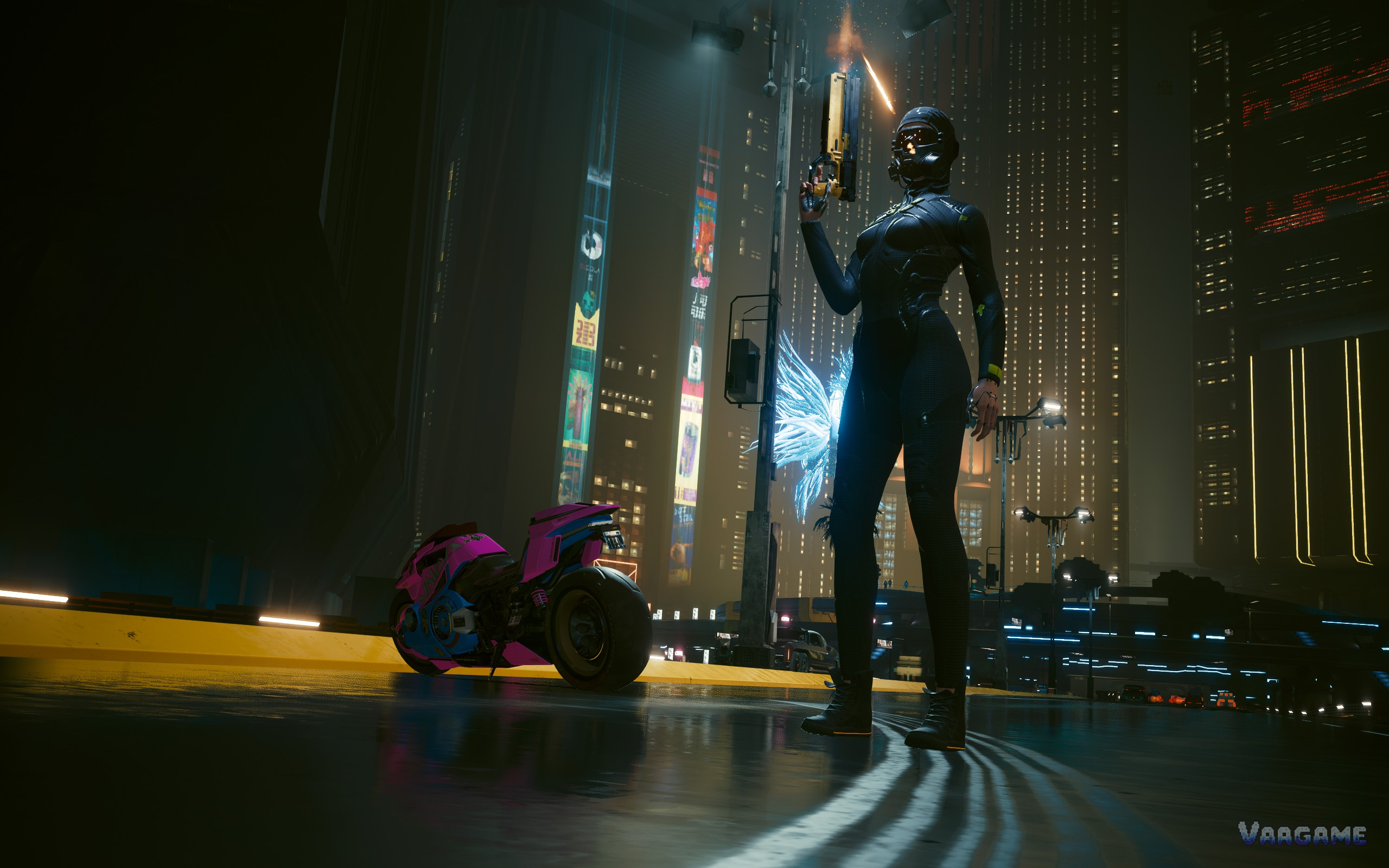 A woman standing on a Night City street at night beside a motorcycle