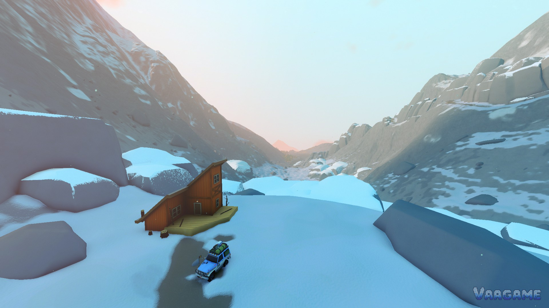 A snowed-in cabin in a high valley with a small wagon parked below