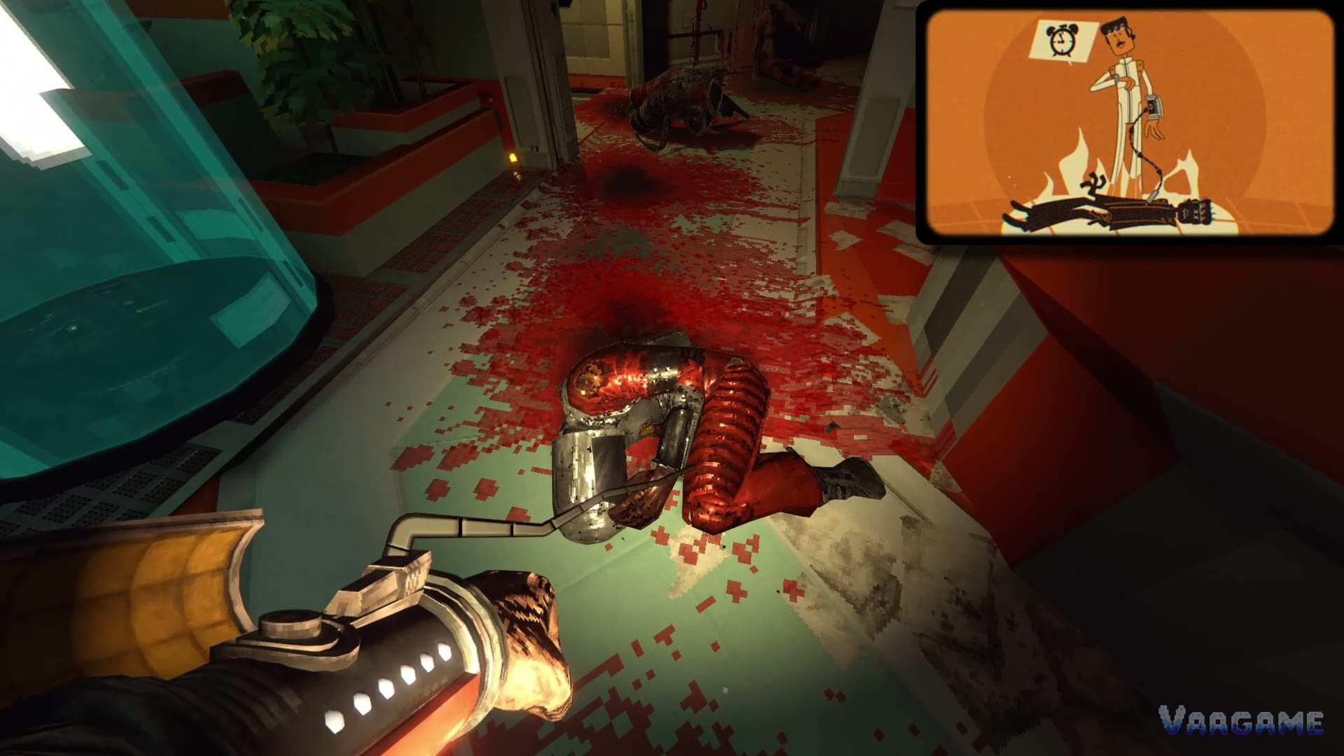 The bloodied corpse of a previous clone, gear still on it