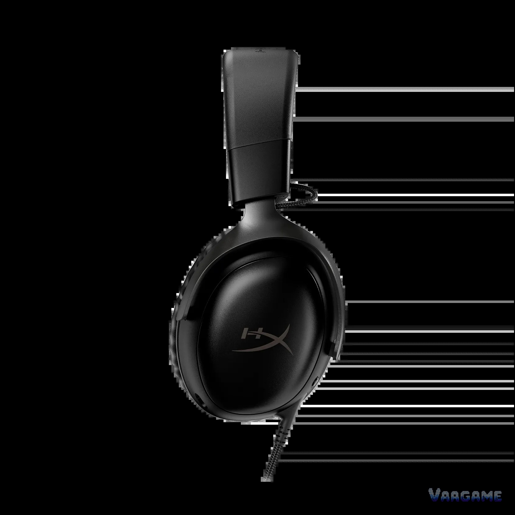 HyperX Cloud III 耳罩外观，HyperX 标志与编织线缆