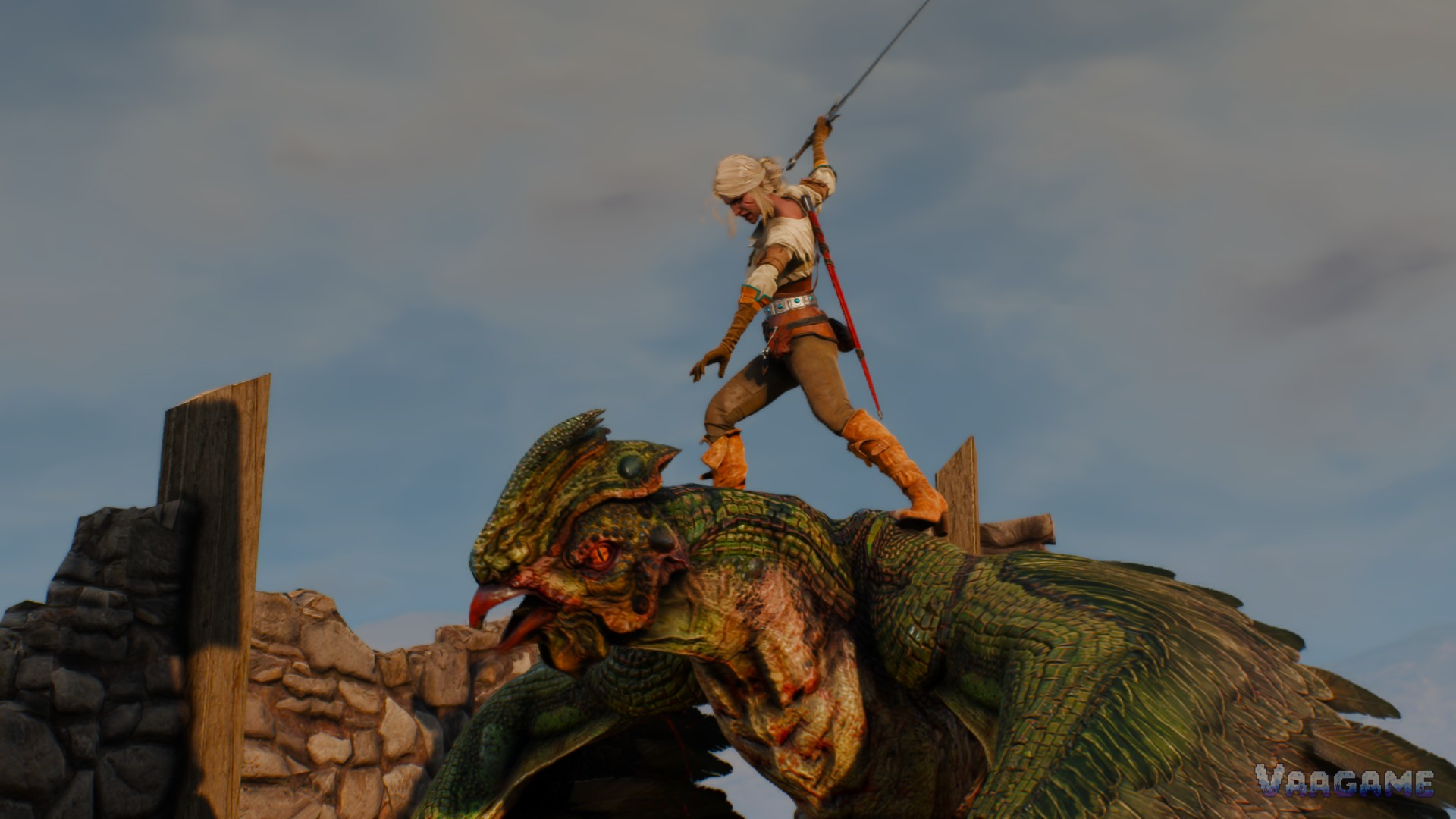 Ciri fighting a griffin with her sword raised