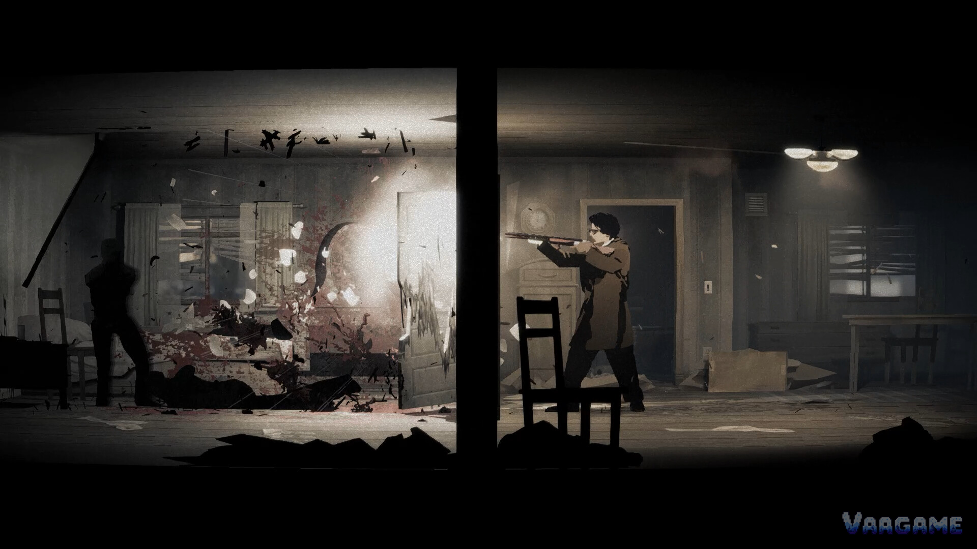 Red Walker firing a long gun through a doorway