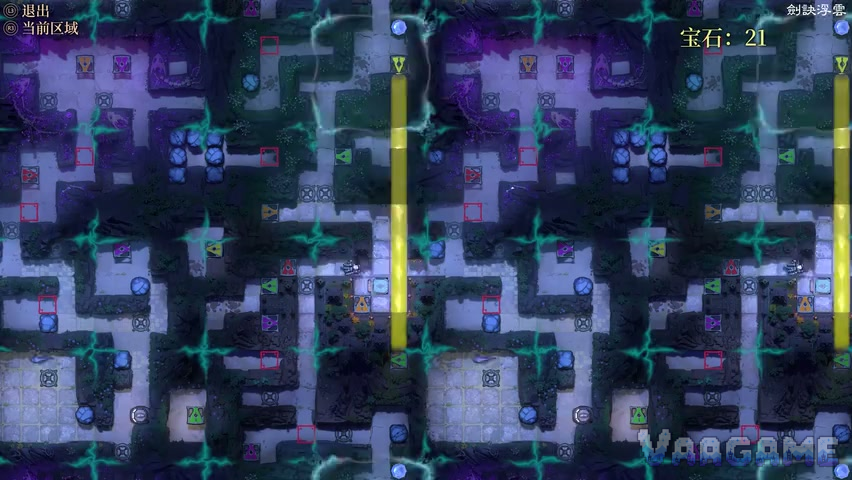 The zoomed-out vault map: one sprawling interconnected labyrinth, a vertical gold beam running through it