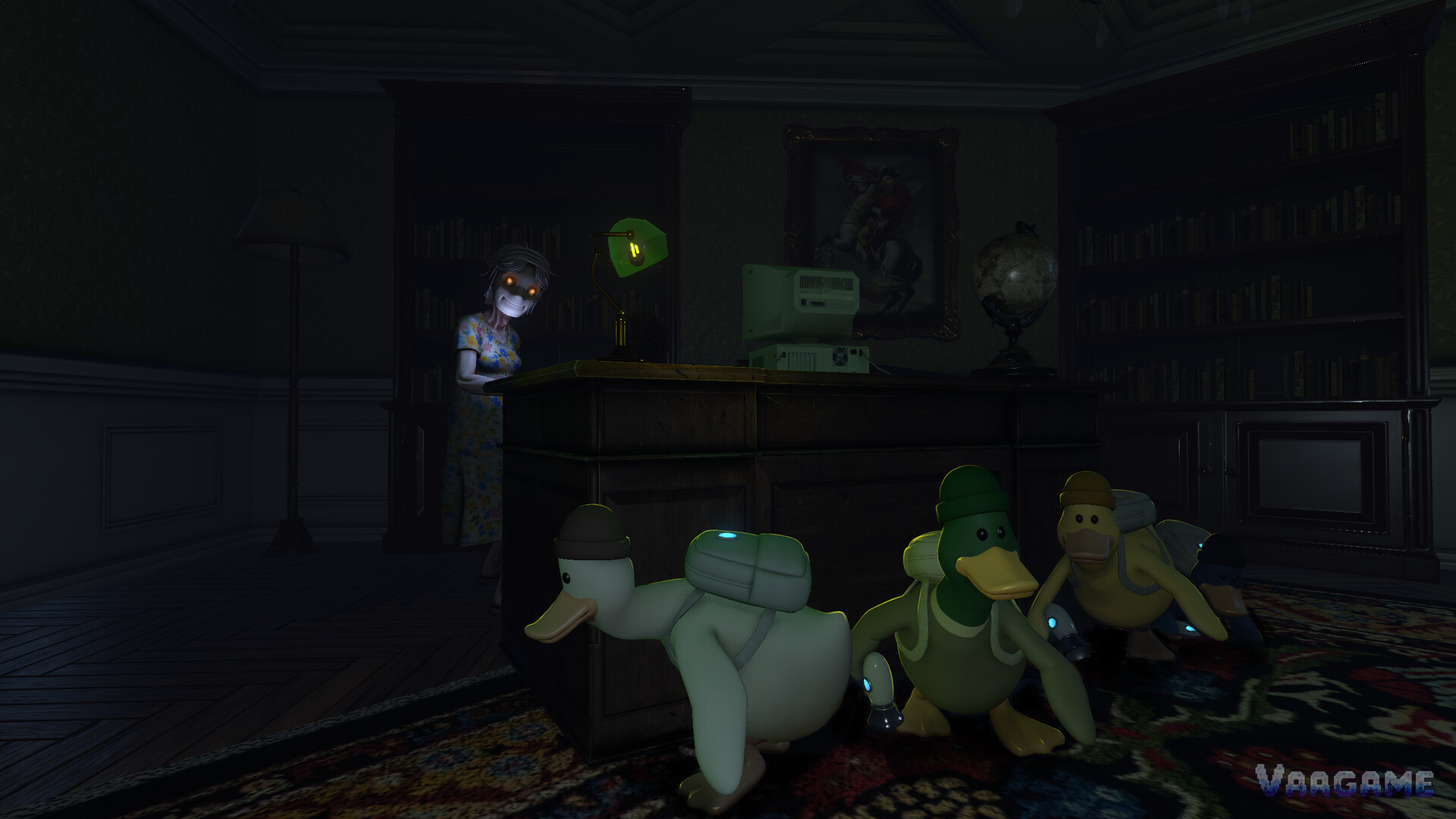 QUIET gameplay screenshot: ducks hiding from the homeowner