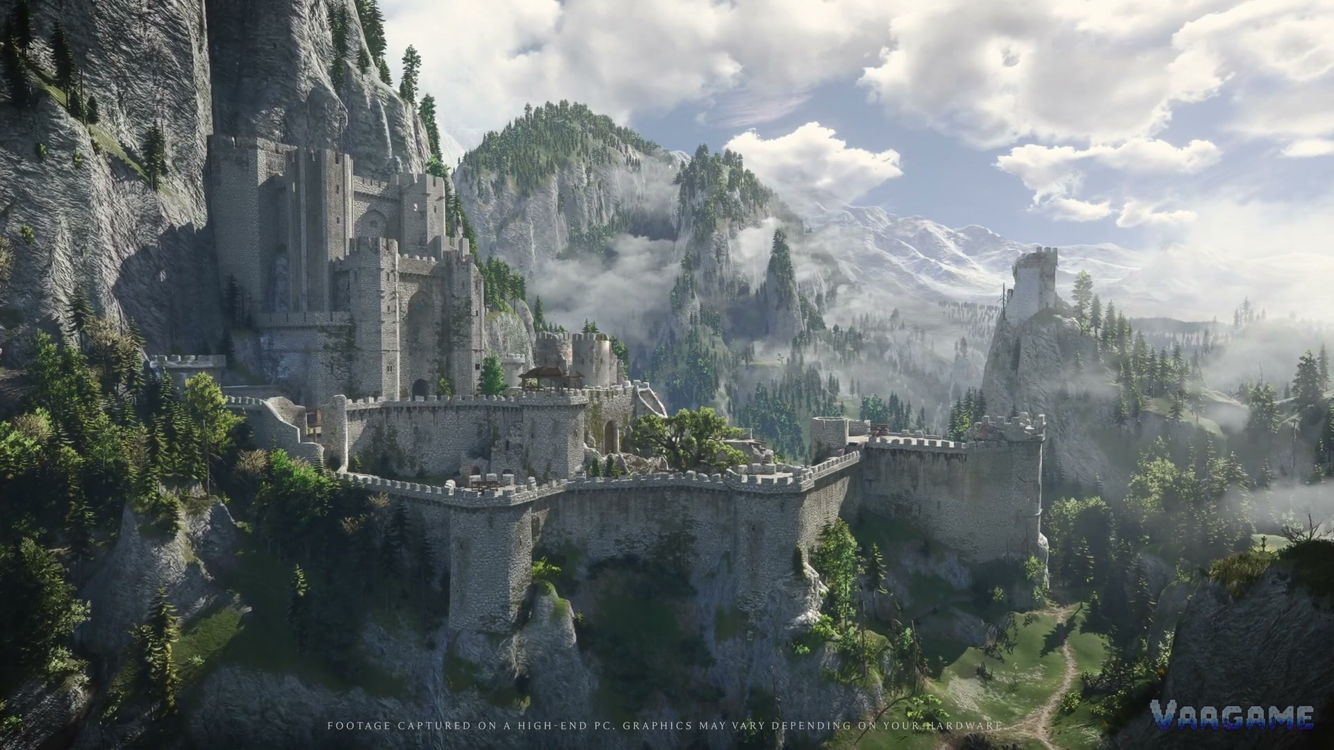 Kaer Morhen fortress and its valley under snowy peaks