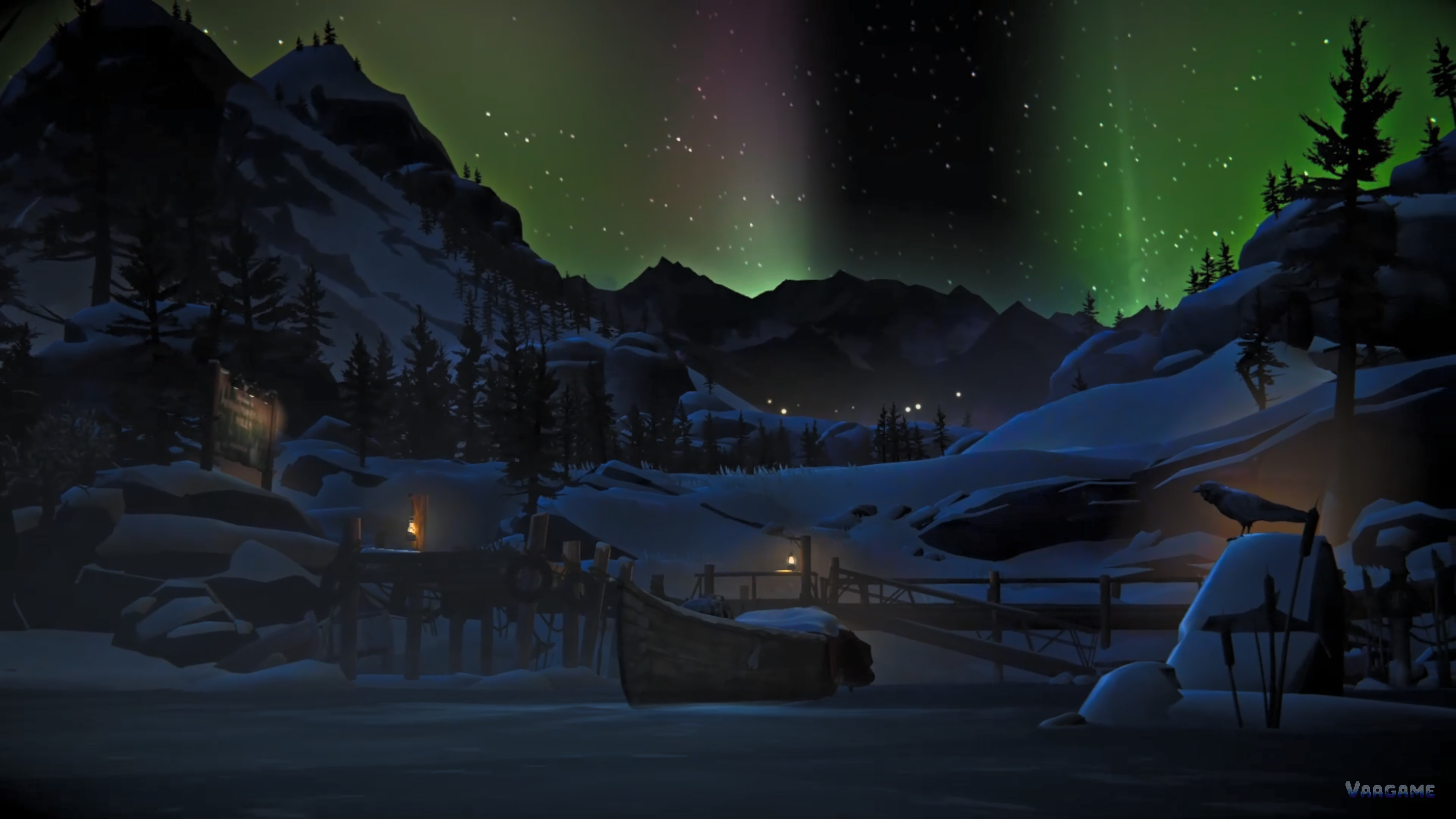 Aurora over a frozen coastal settlement