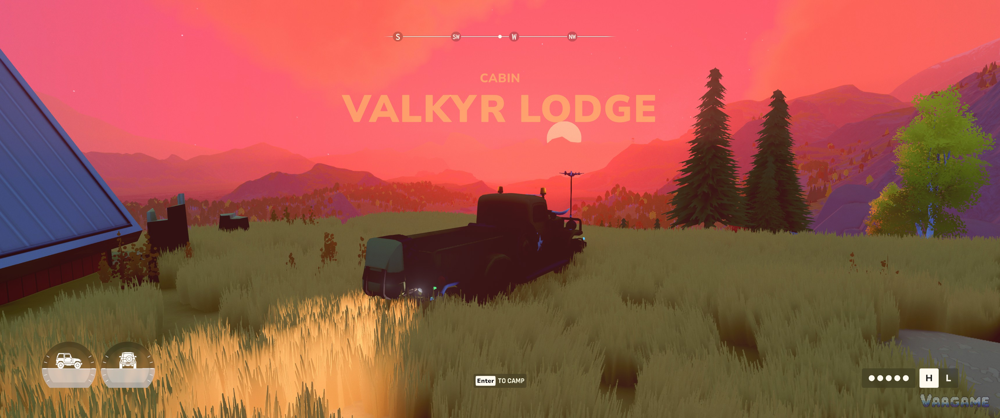 A cabin discovery banner naming Valkyr Lodge, a wagon parked in tall grass at sunset