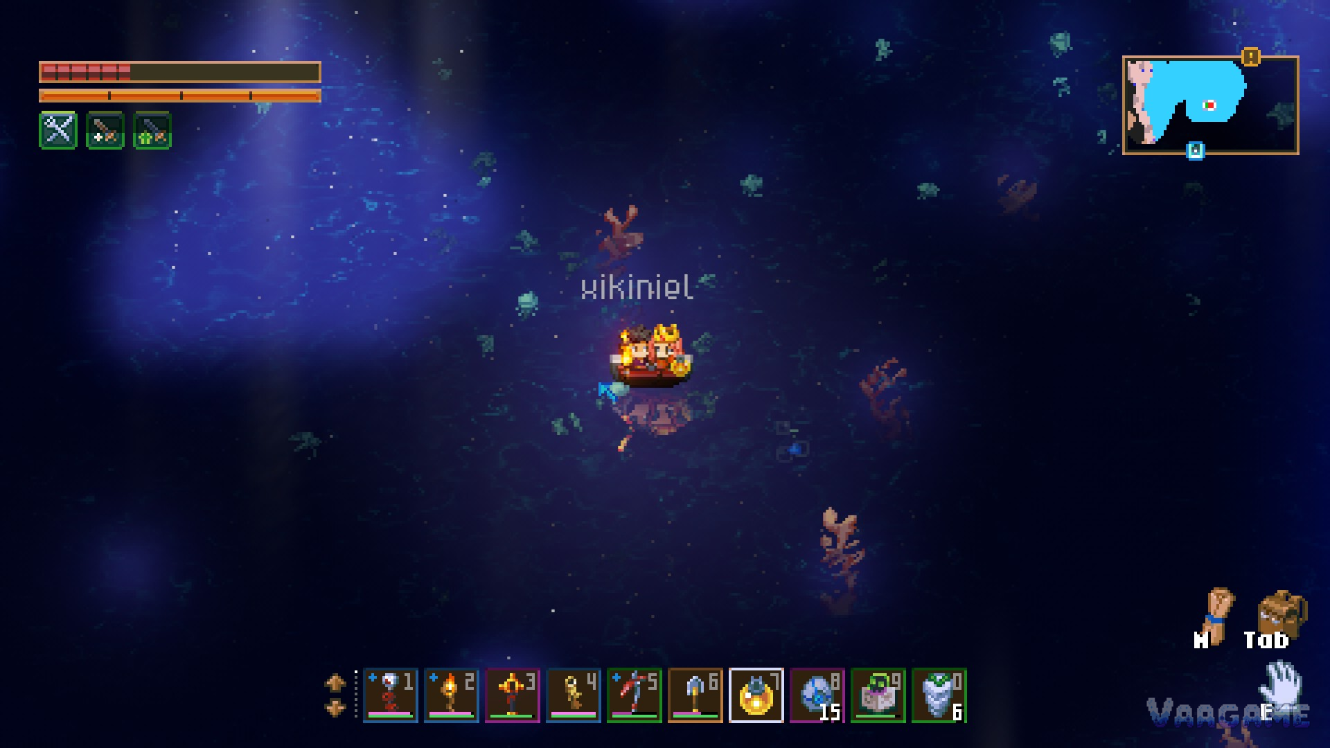 Two players in a small boat on open water, coral scattered below