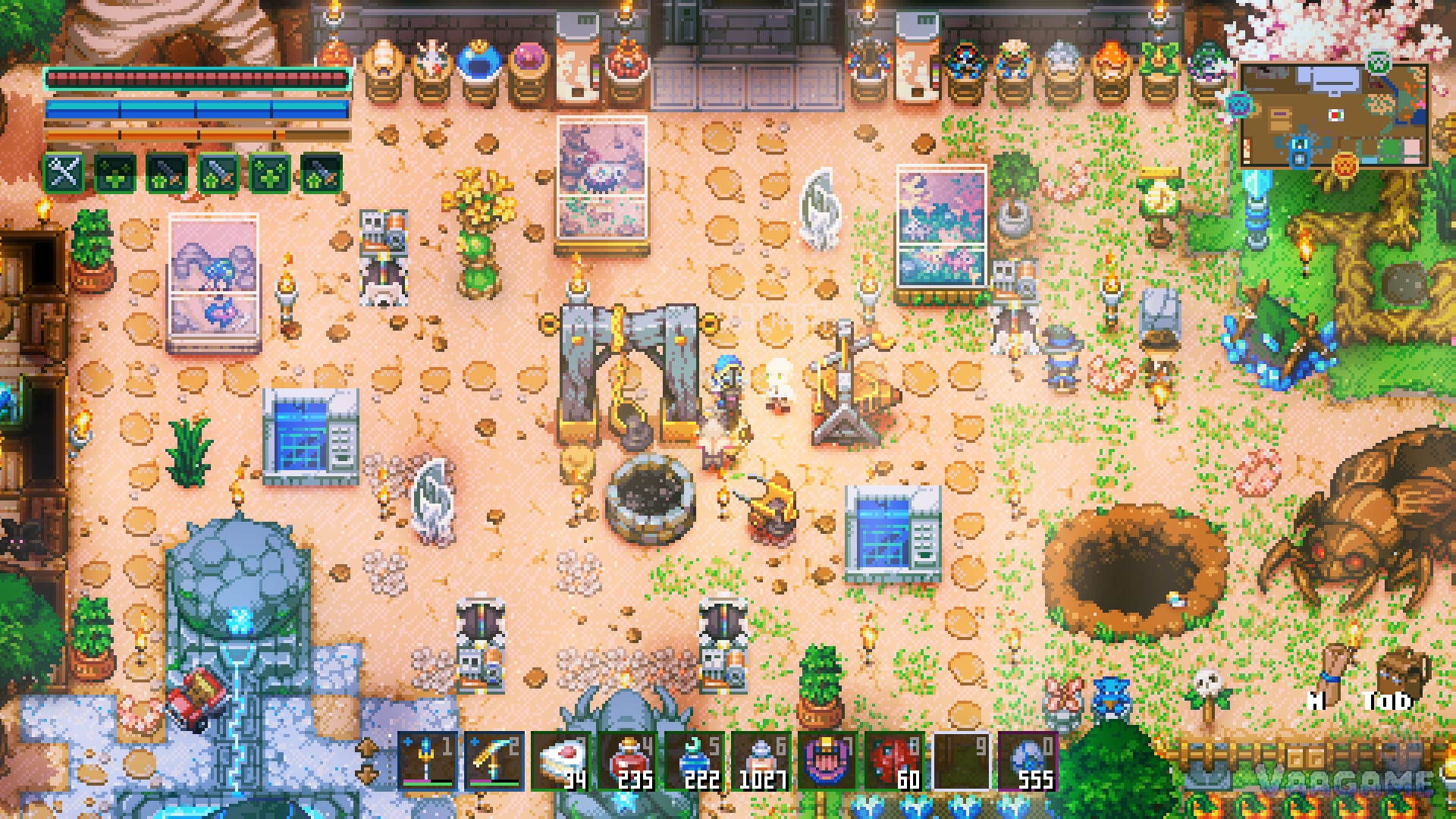 A desert base with workstations, two merchants, a go-kart and a giant beetle at the edge