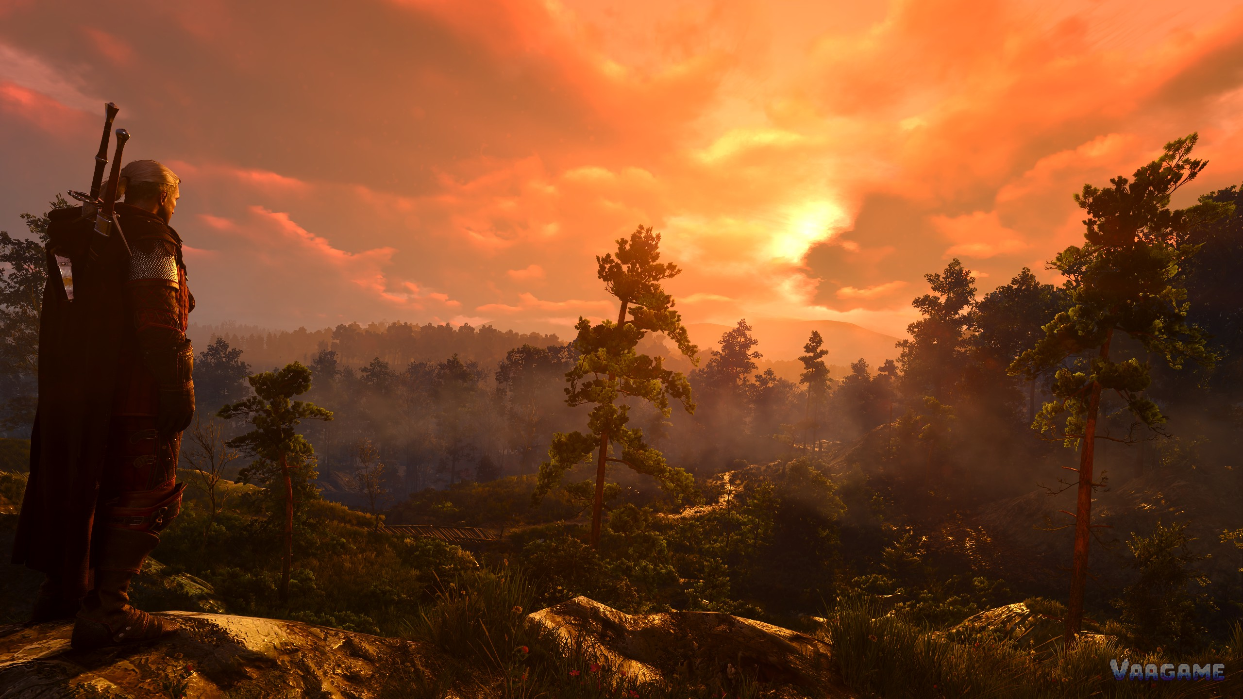 Geralt watching a blazing sunset over a forest valley