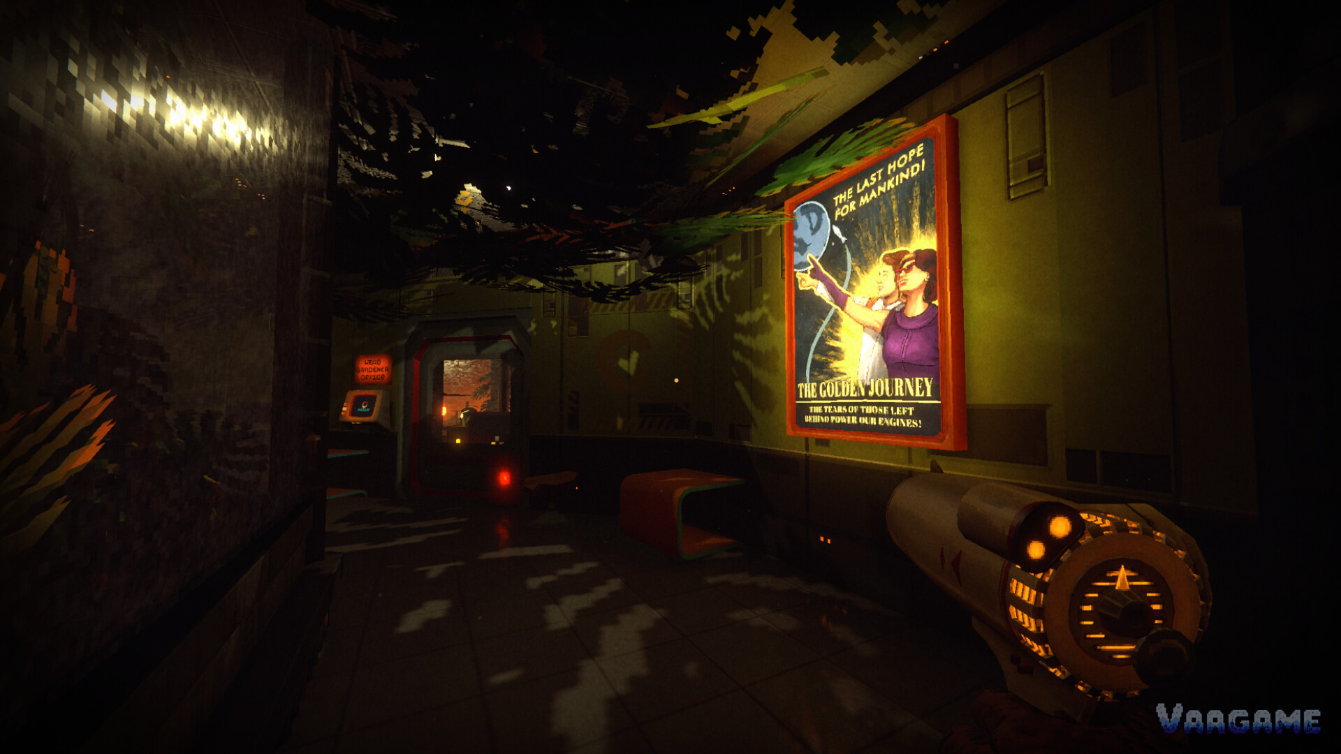 A Golden Journey propaganda poster in an overgrown corridor: "The last hope for mankind!"