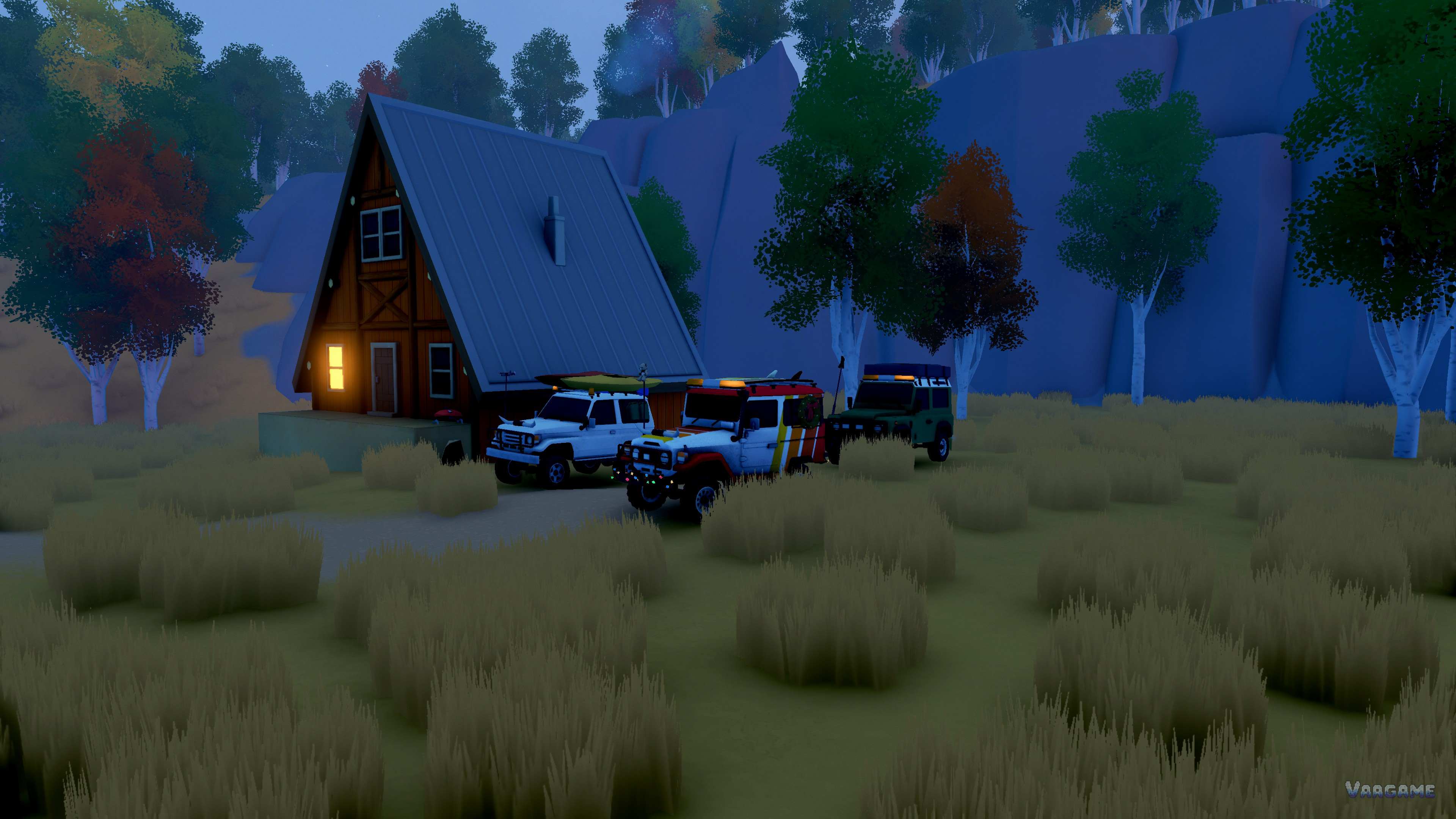 An A-frame cabin at dusk with a lit window and three trucks parked outside