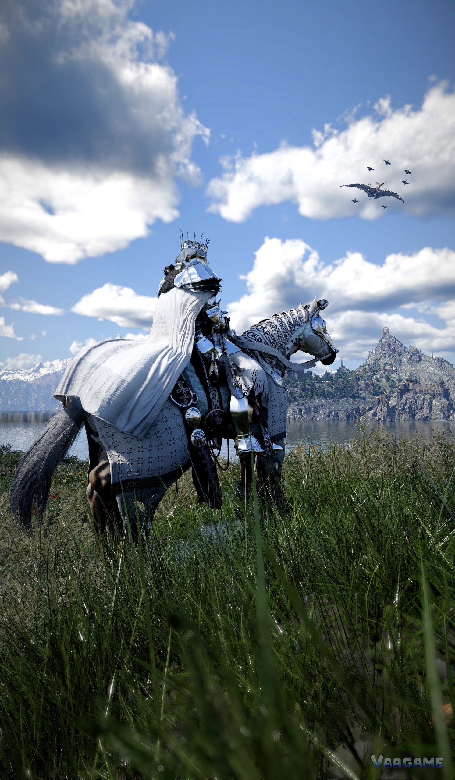 A white horse under open sky: keep your mount close on open ground, where a quick remount saves a long walk back.