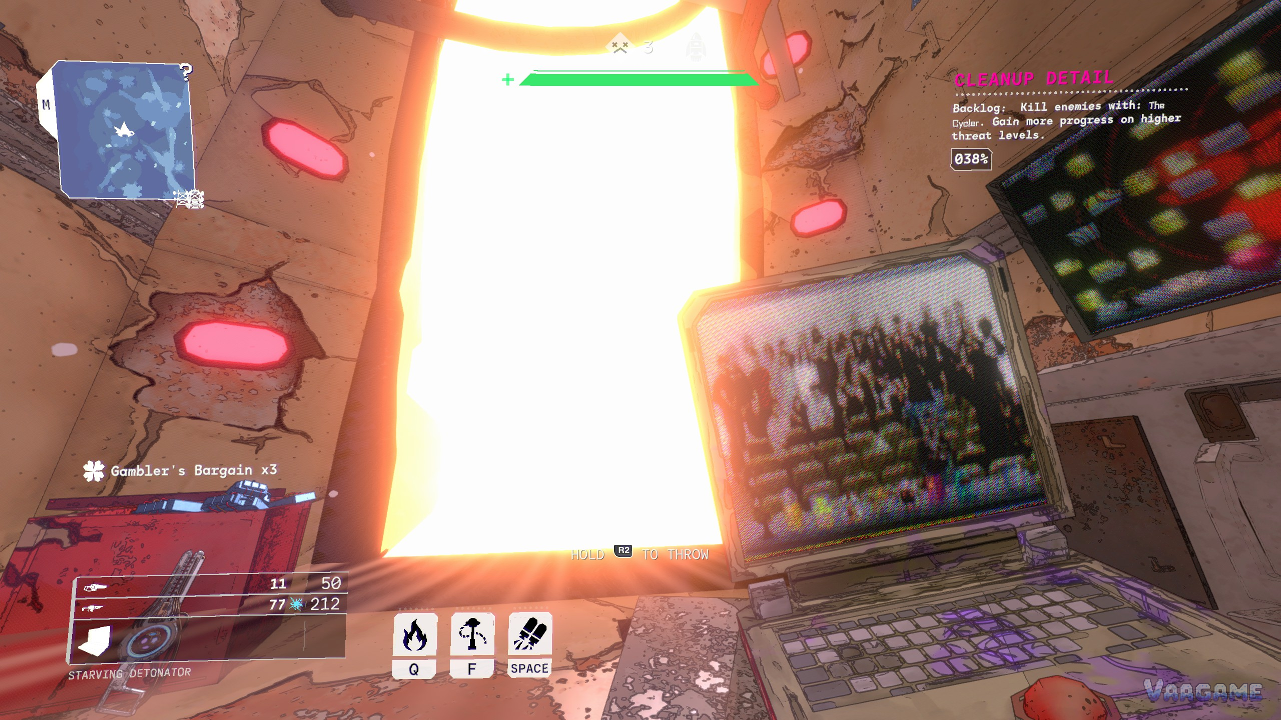 Cleanup Detail backlog at 38 percent beside a glowing doorway