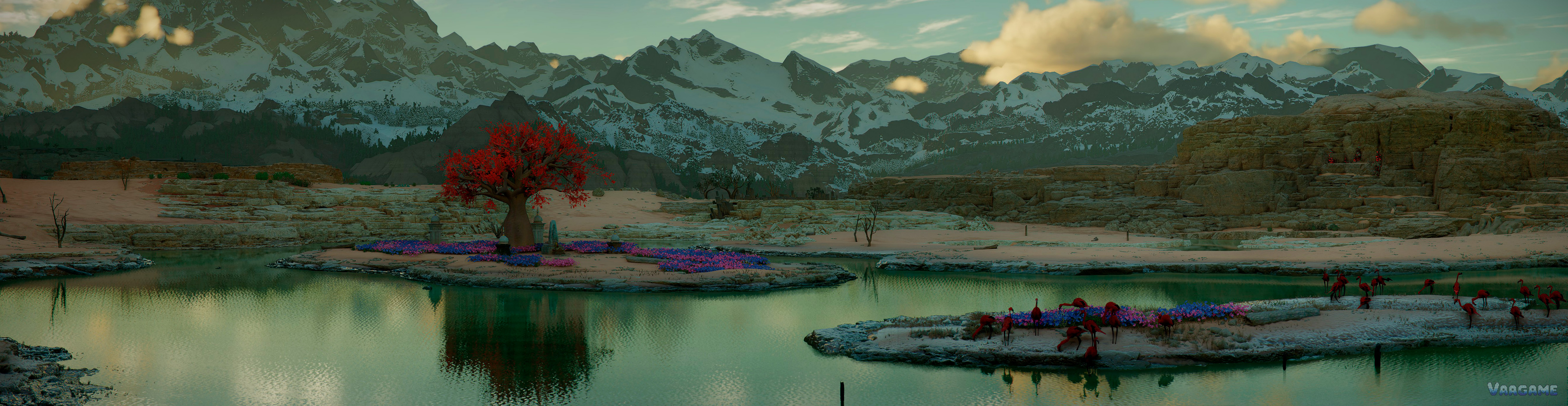 A lakeside red tree: use a repeatable vista like this to judge whether a settings change actually helped.