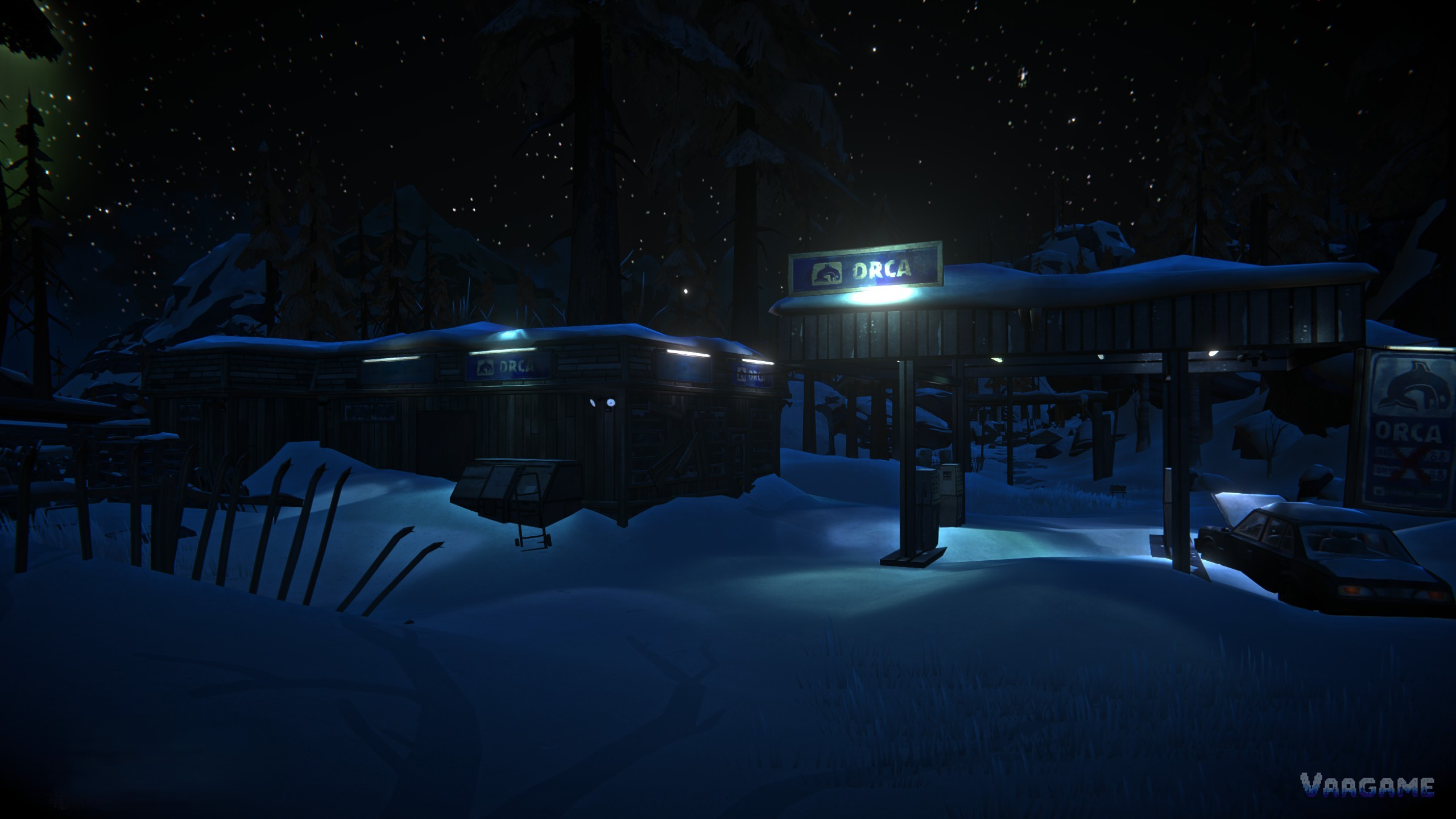 Gas station under aurora at night