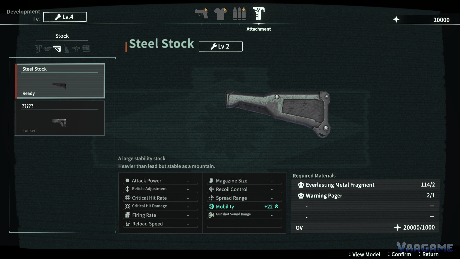 Weapon attachment development UI showing Steel Stock Lv.2 and stat lines