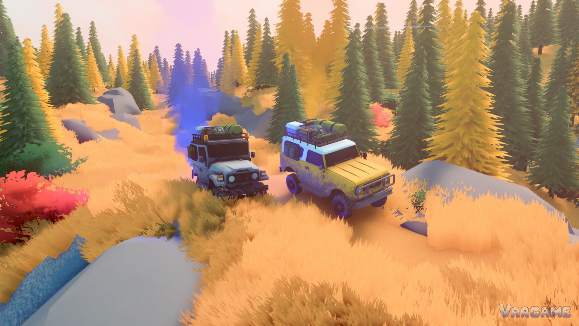 An autumn dirt road winding through dense pine forest, two trucks driving
