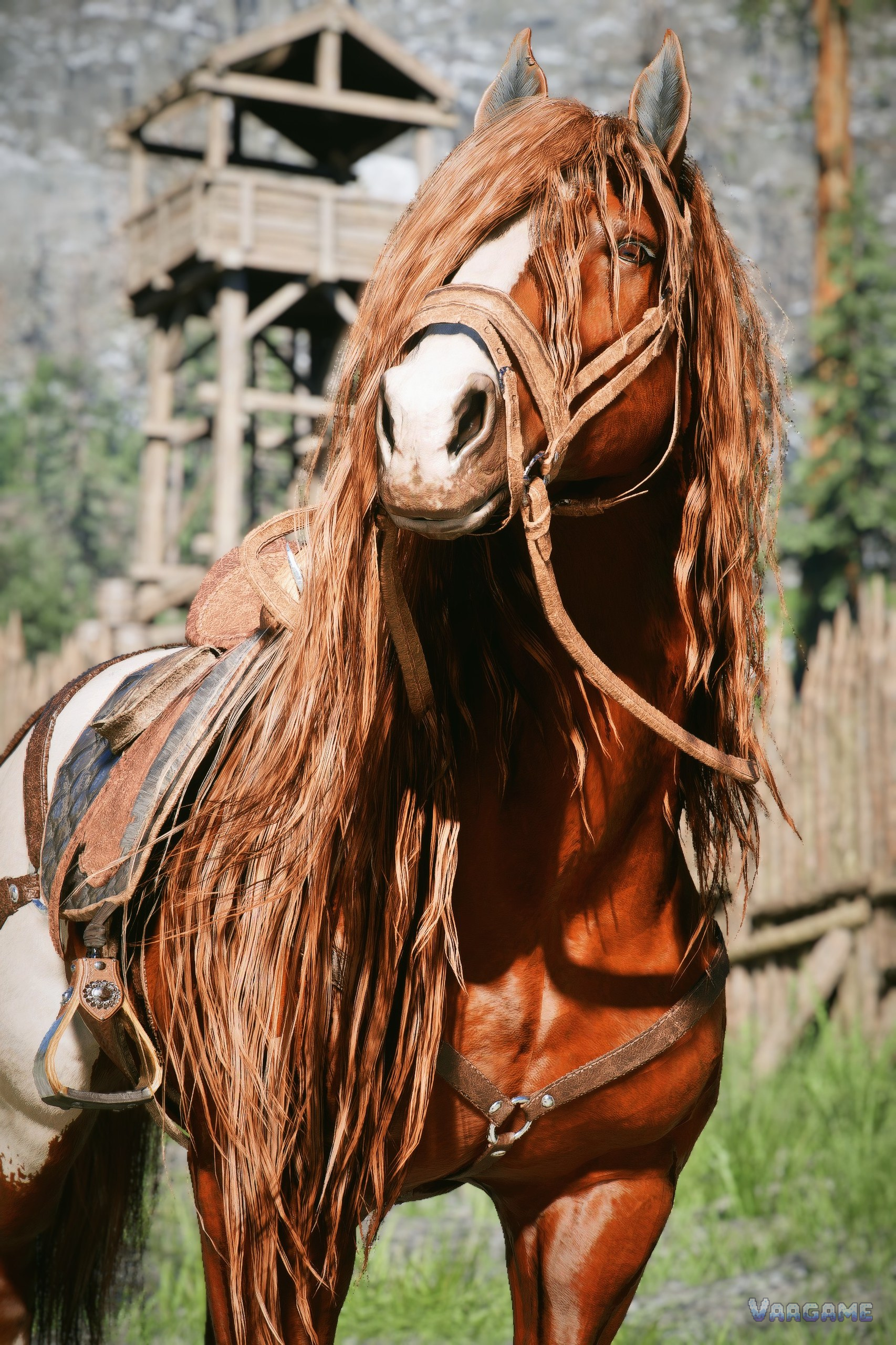 A saddled horse at rest: treat the mount as part of your loadout, not as background transport.