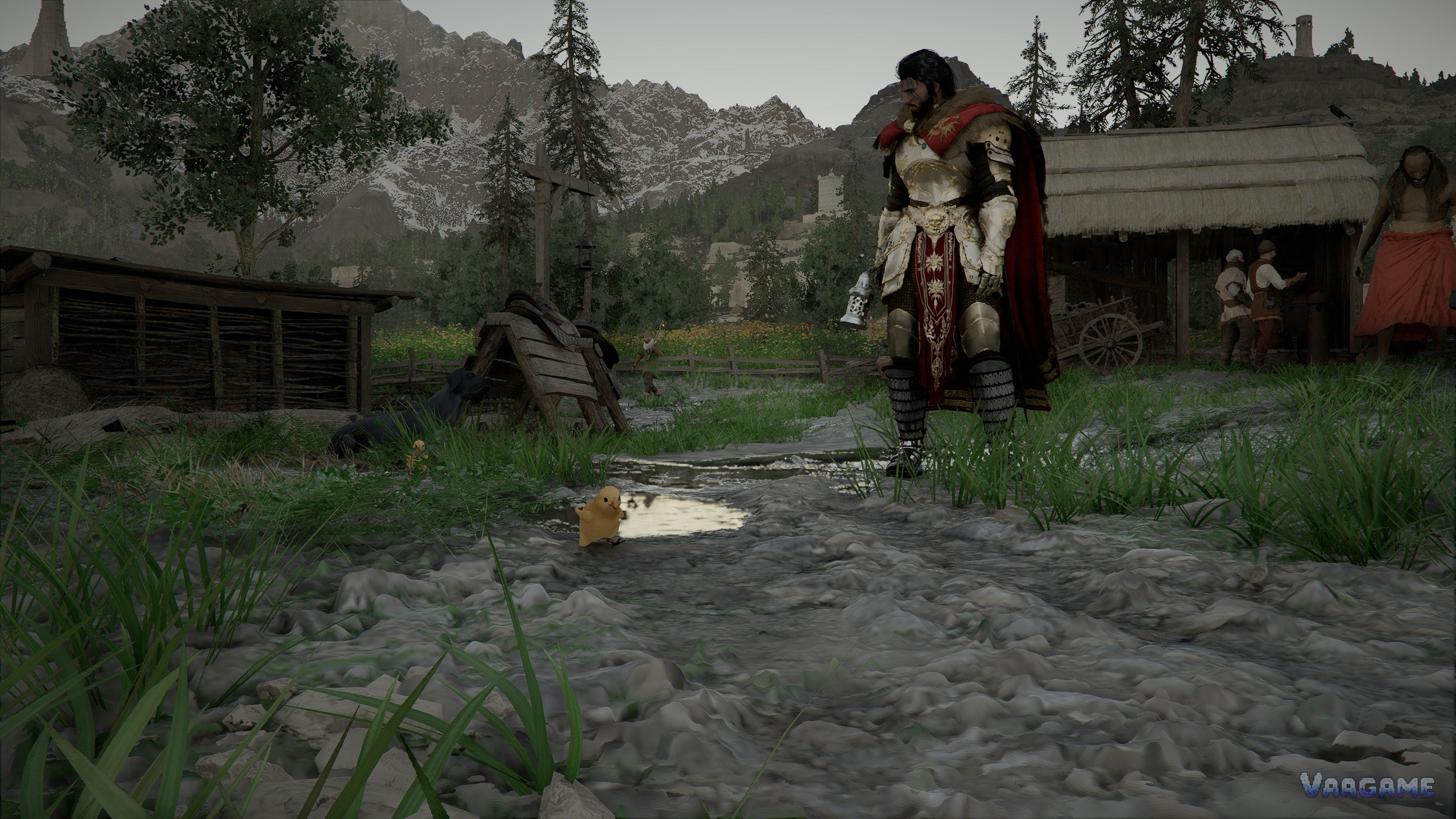 Pets in a settlement yard: the stable and pet menu manages mounts and pets together, so check it before heading out.
