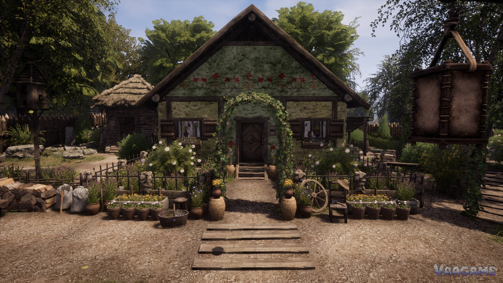 Decorated timber house with a flower garden