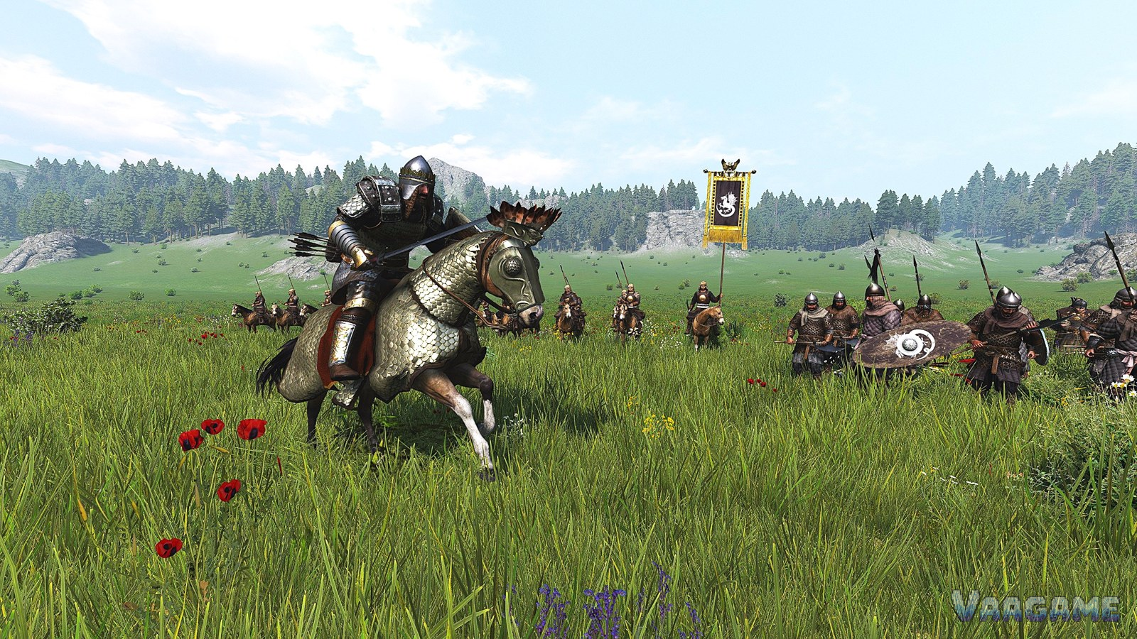 Mounted troops riding across a Bannerlord field