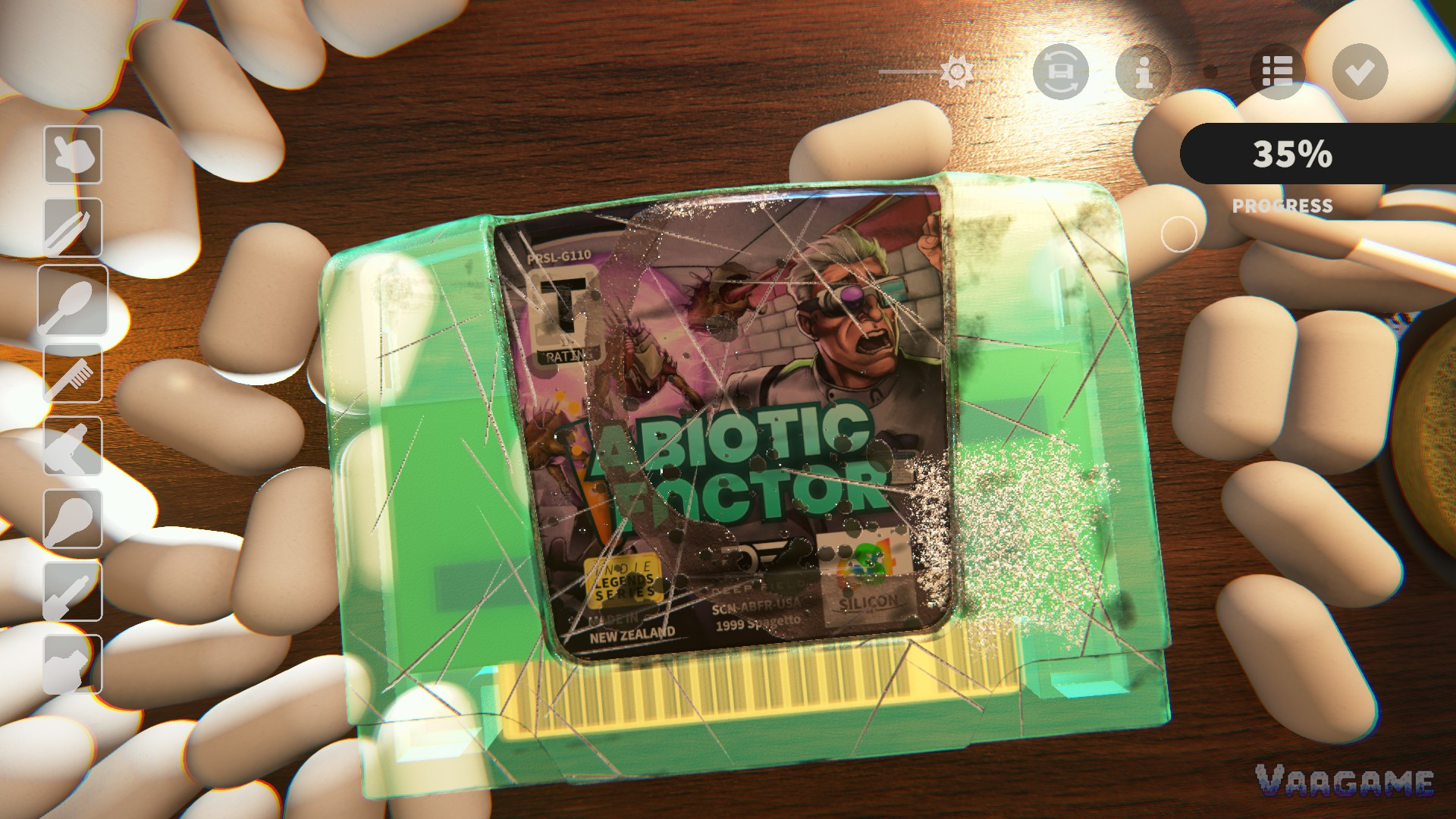 The Abiotic Factor cartridge before restoration: translucent shell, heavy grime, 35 percent in