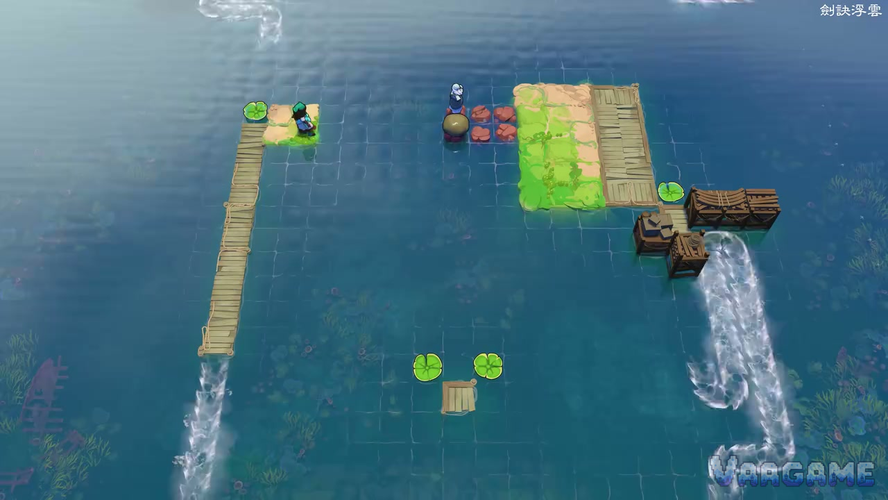 Late water work: docks, curving currents and a stone riding a raft platform
