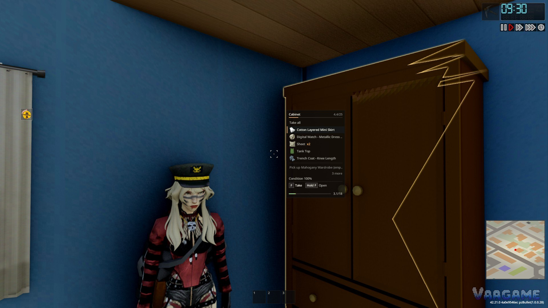 First person looting a cabinet with the crosshair loot menu open