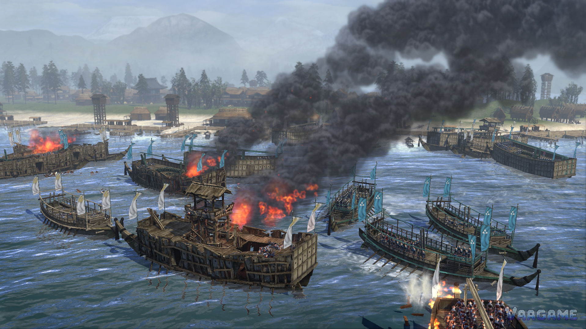 A naval battle with burning ships in Total War SHOGUN 2