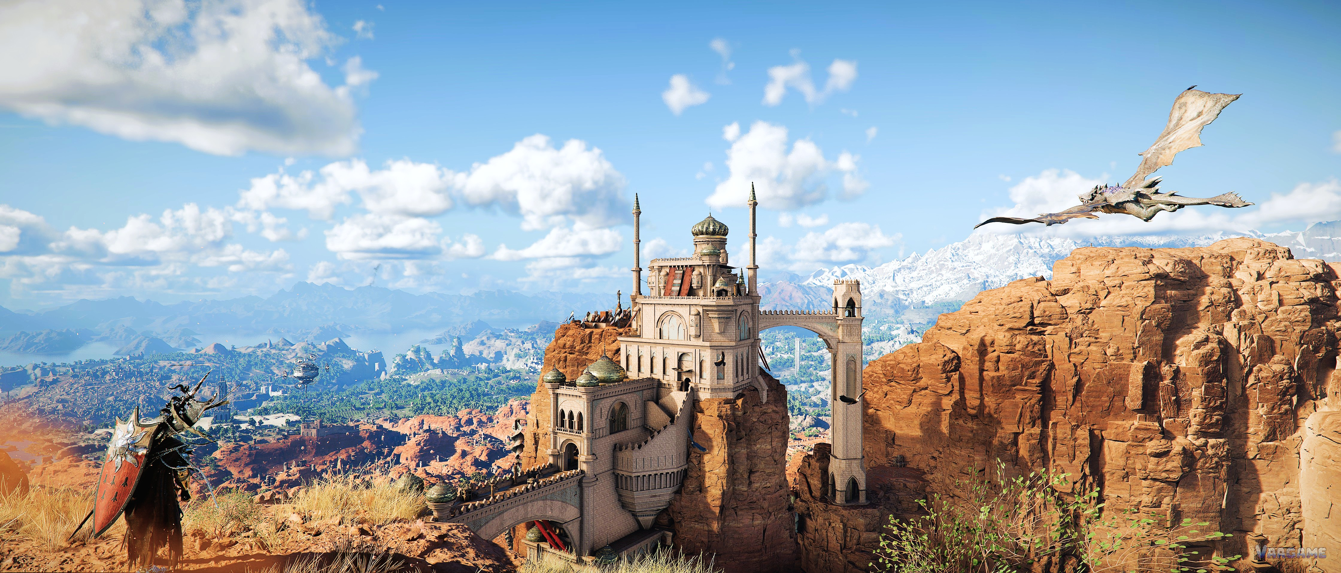 A cliffside castle: castles and strongholds belong to the base campaign and, after the main story, to DLC castle play.