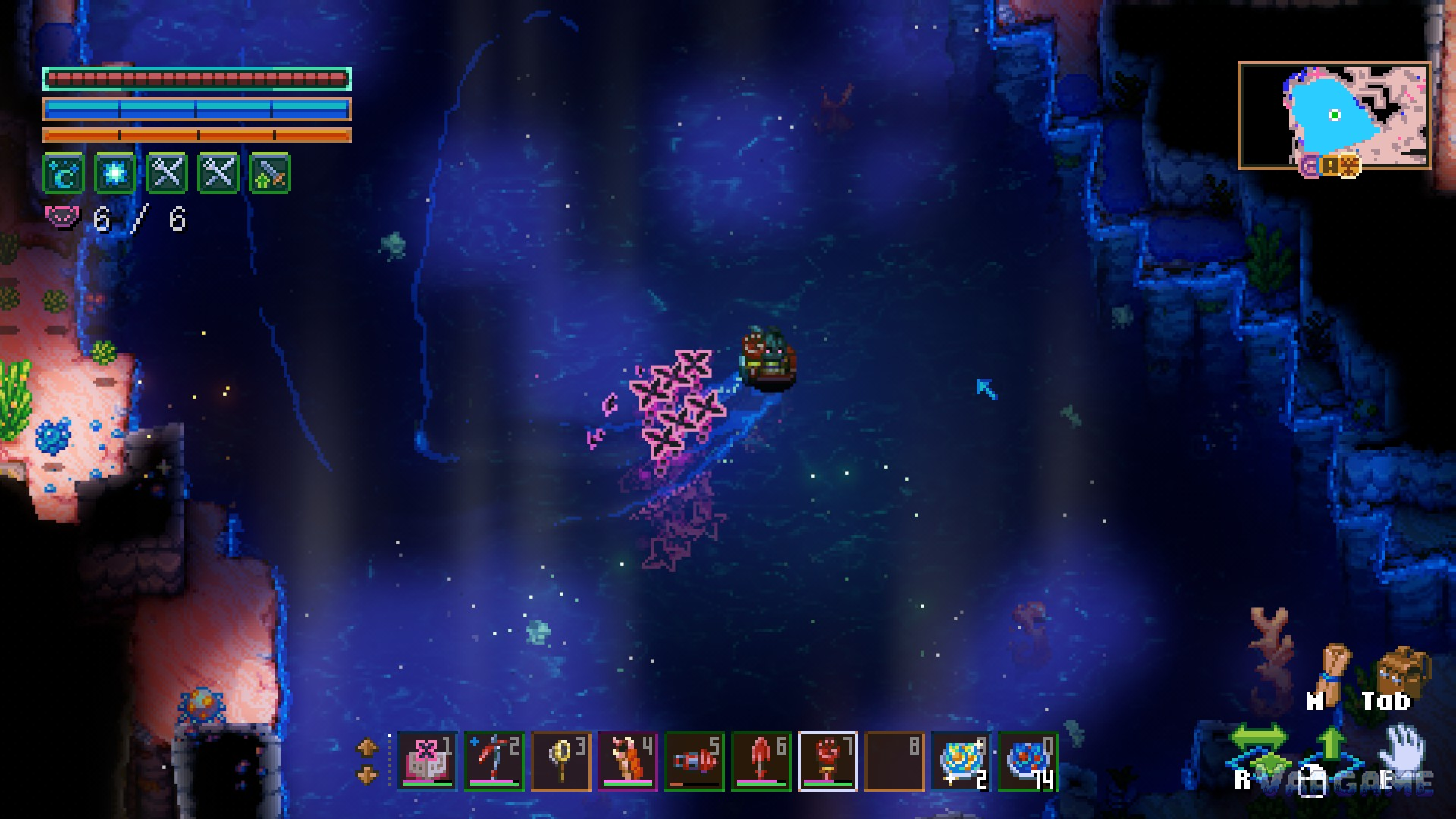 A boat on the Sunken Sea at night, trailing a fan of pink star-shaped projectiles
