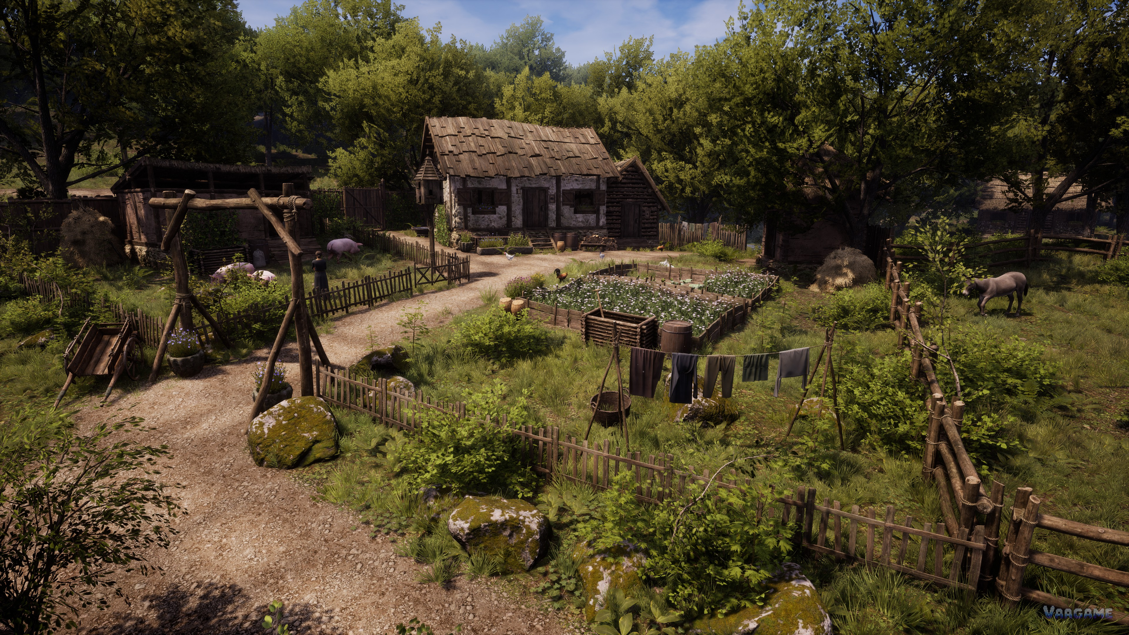 Farmstead with a pig pen chickens and laundry