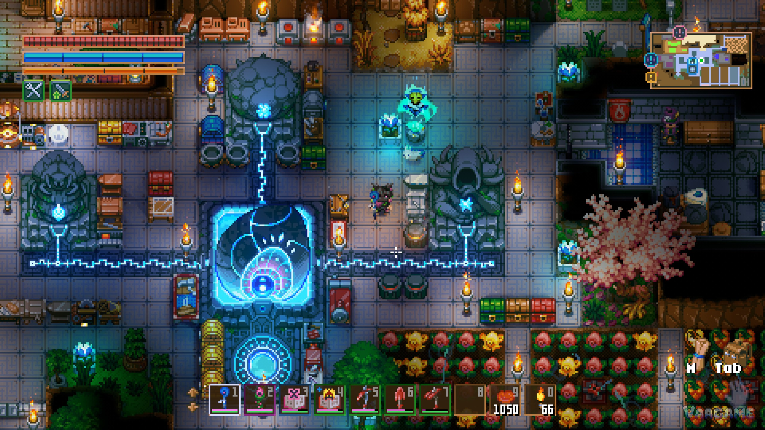 A finished Core base interior: all three statues and the powered Core in place, portal below, a merchant NPC above