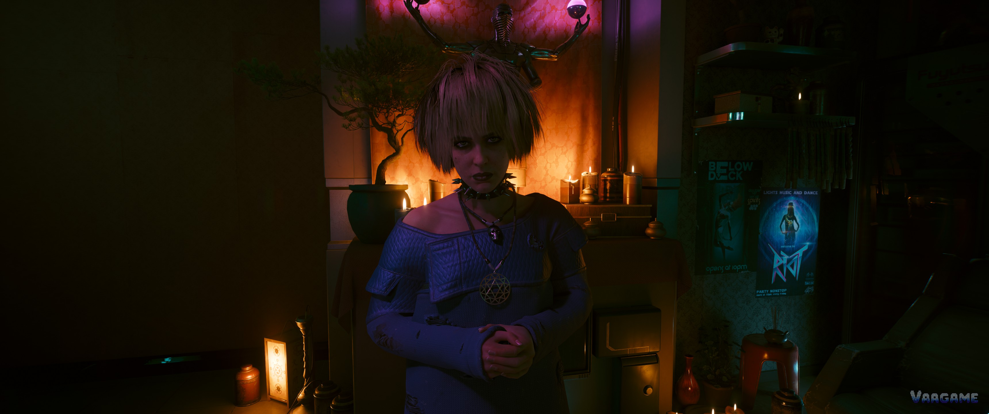 A character standing in a candle lit room in Cyberpunk 2077