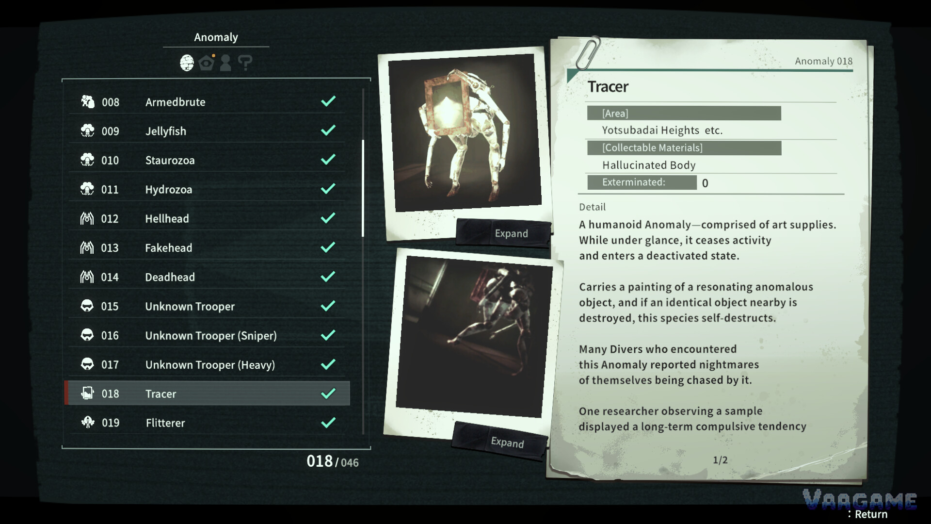 Anomaly archive UI showing entries 008-019 with a detail panel for Tracer, Anomaly 018