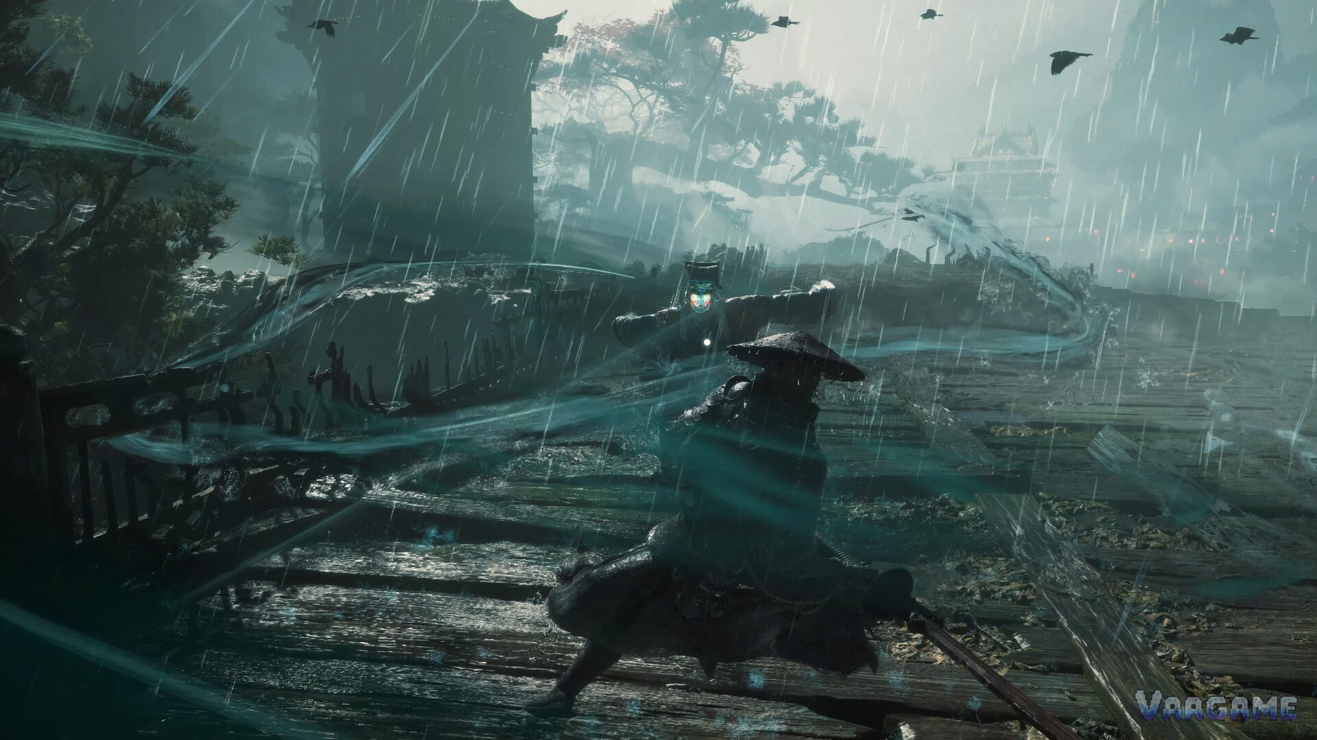 Soul fights in heavy rain with blue energy arcs